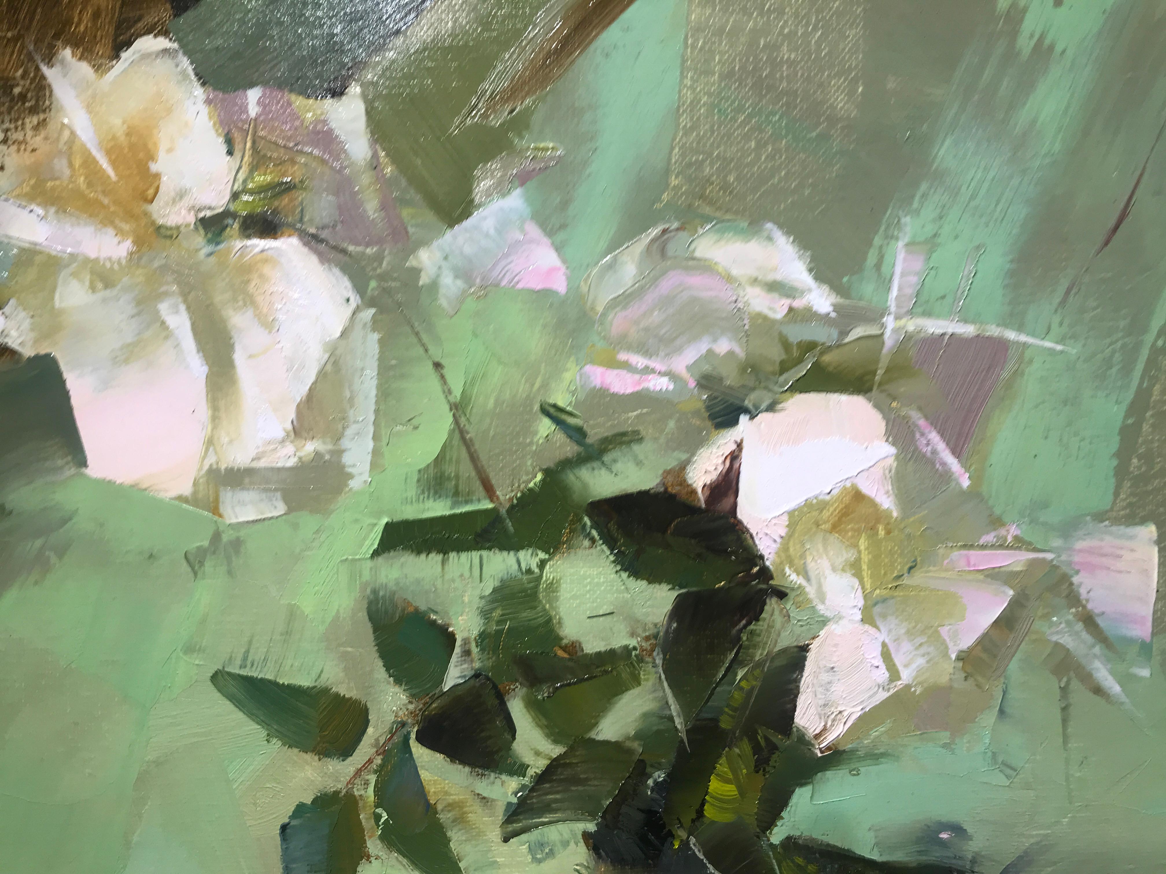 Green Harmony by Ignat Ignatov, Framed Vertical Still-Life Floral Oil Painting 4
