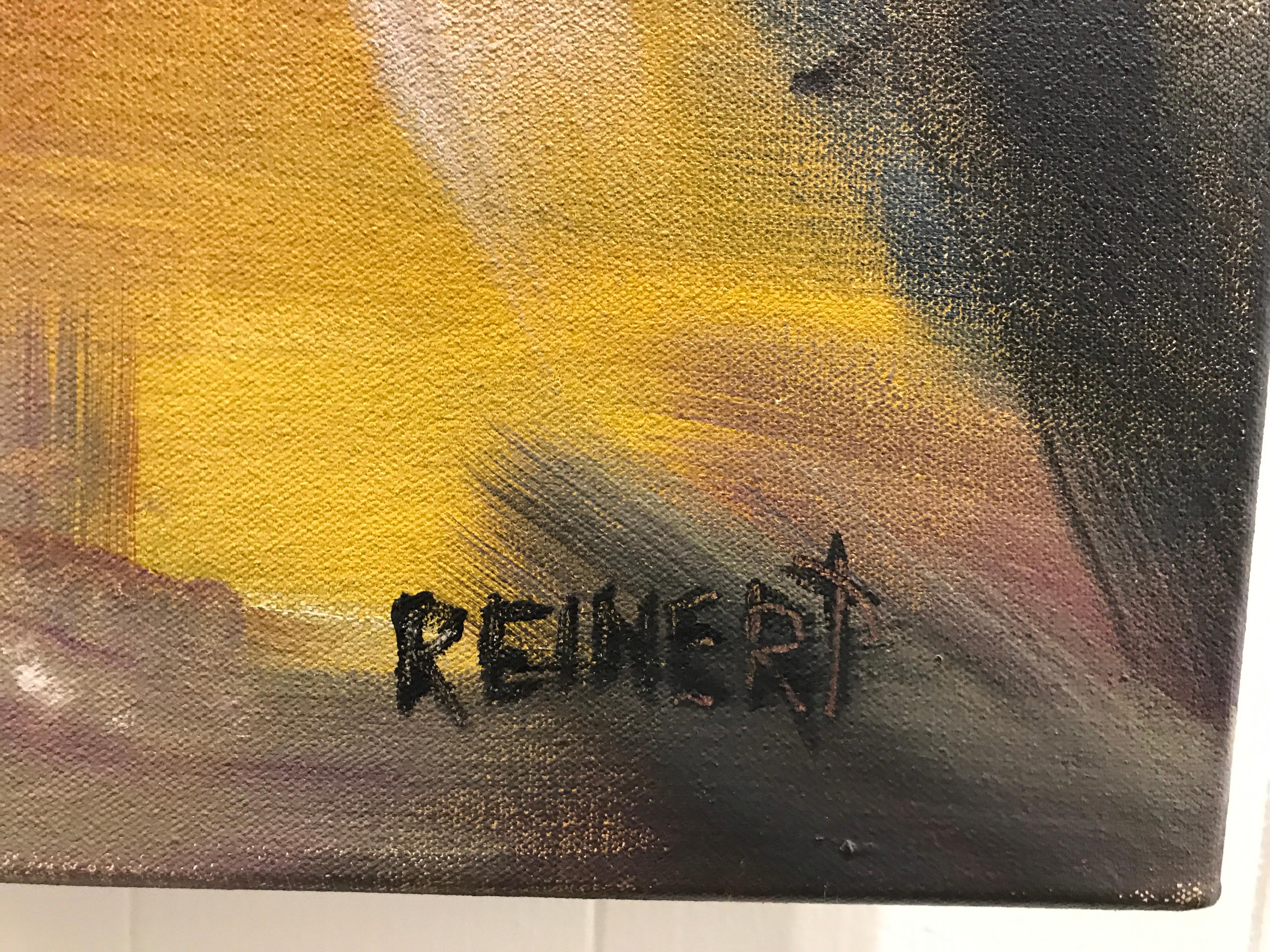 'Southern Nocturne' is a large Impressionist oil on canvas painting created by Southern artist Rick Reinert in 2019. Featuring a lovely palette mostly made of blue, purple, gold and black tones accented with red touches, the painting depicts a