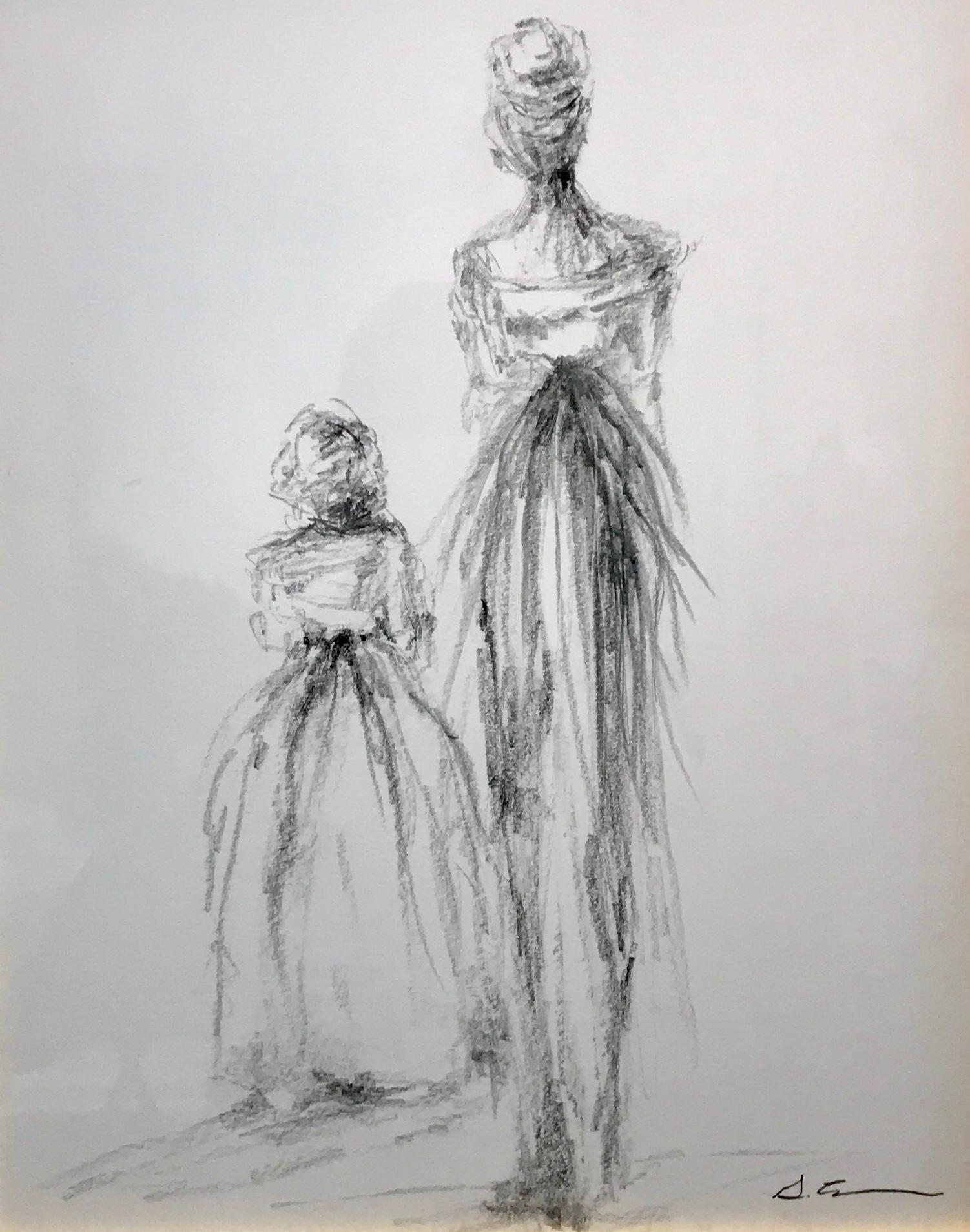 'Mother and Daughter' is a small framed Impressionist monochrome charcoal on paper figurative piece created by American artist Geri Eubanks in 2018. Drawn with an exquisite Impressionist facture, two female figures, a woman and a child wearing
