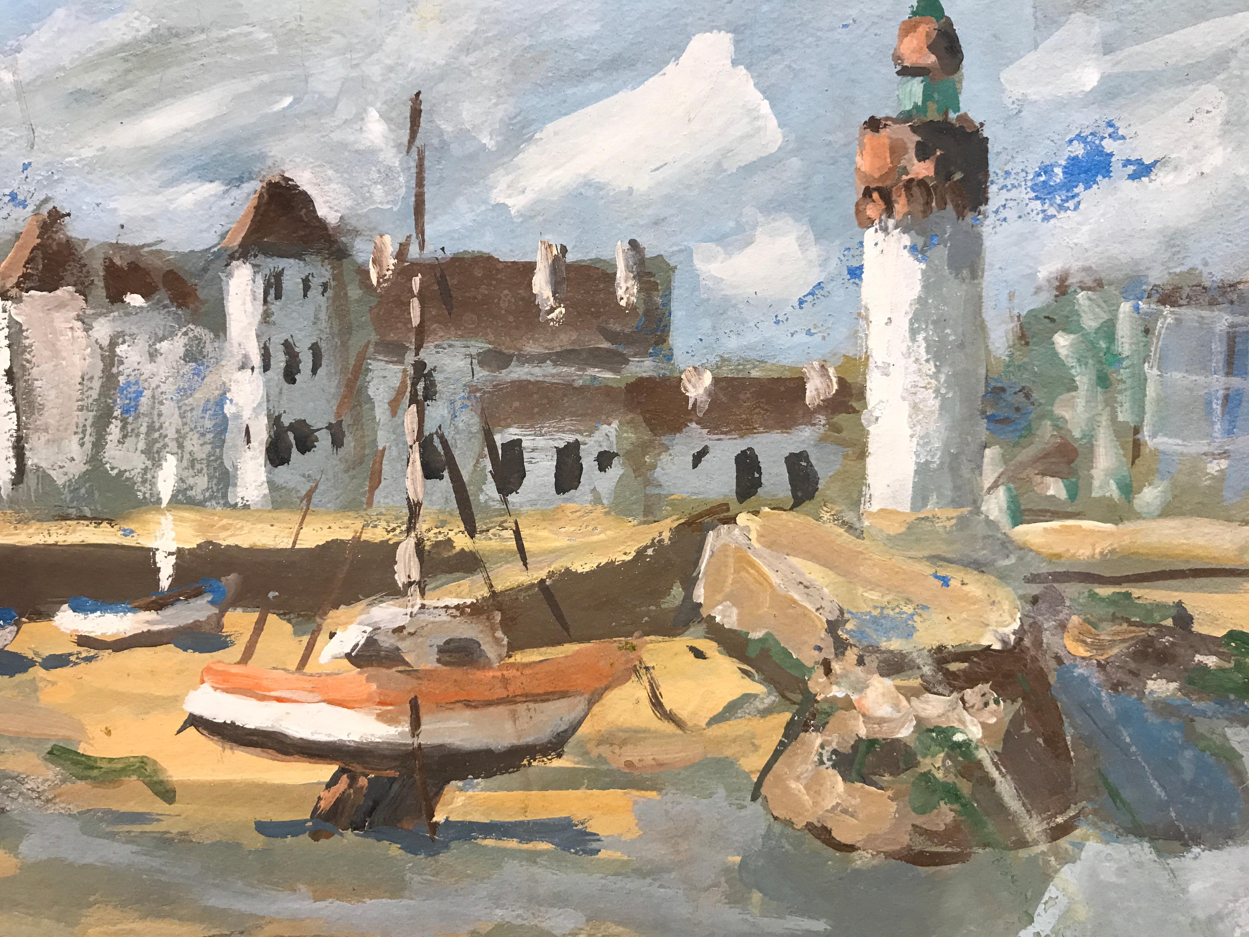 'Port-Haliguen' is a small gouache on board seaside painting created by French Breton artist Fanch Lel in the 21st century. Featuring a vibrant palette made of white, blue, grey, brown and orange tones, the painting depicts the old harbor of
