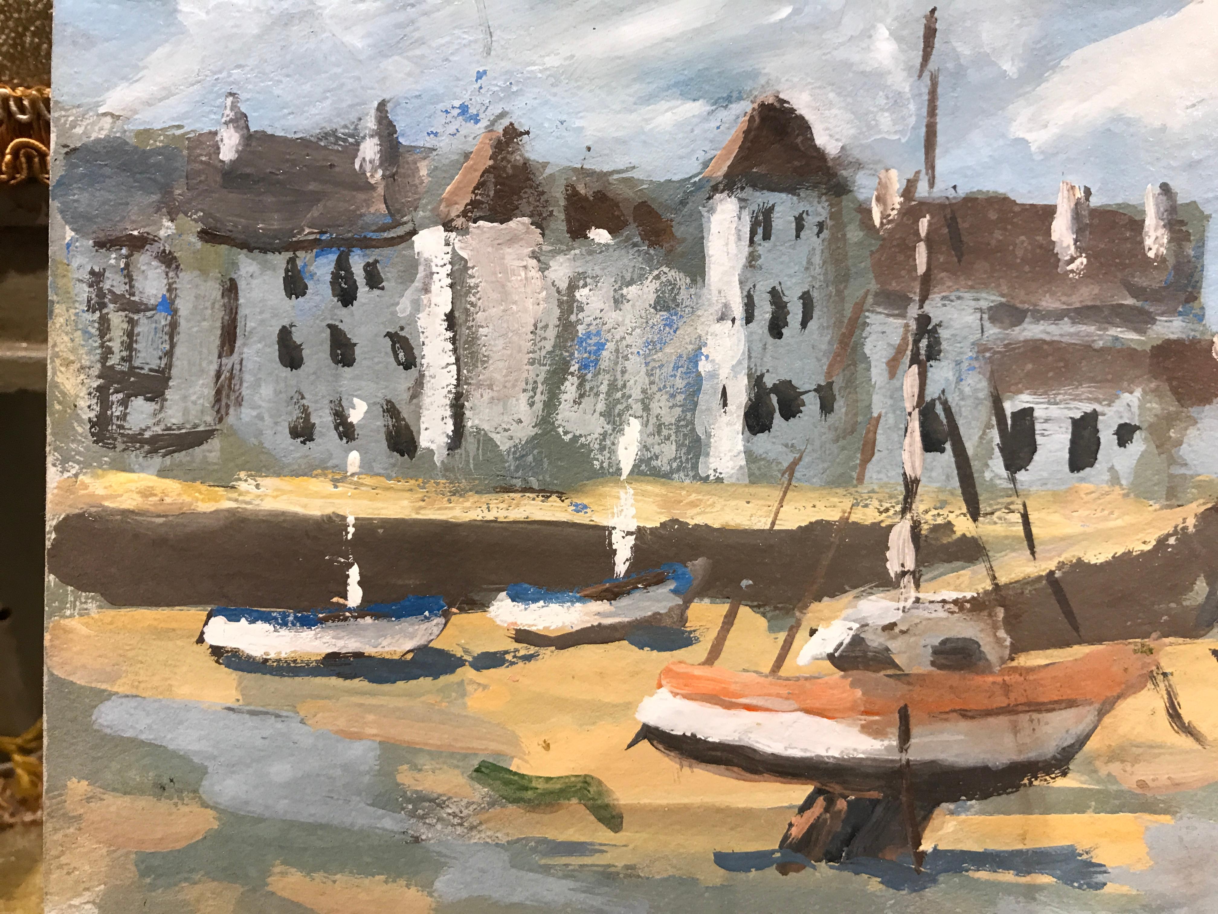 Port-Haliguen by Fanch Lel, Small French Seaside Gouache Painting of Brittany 1