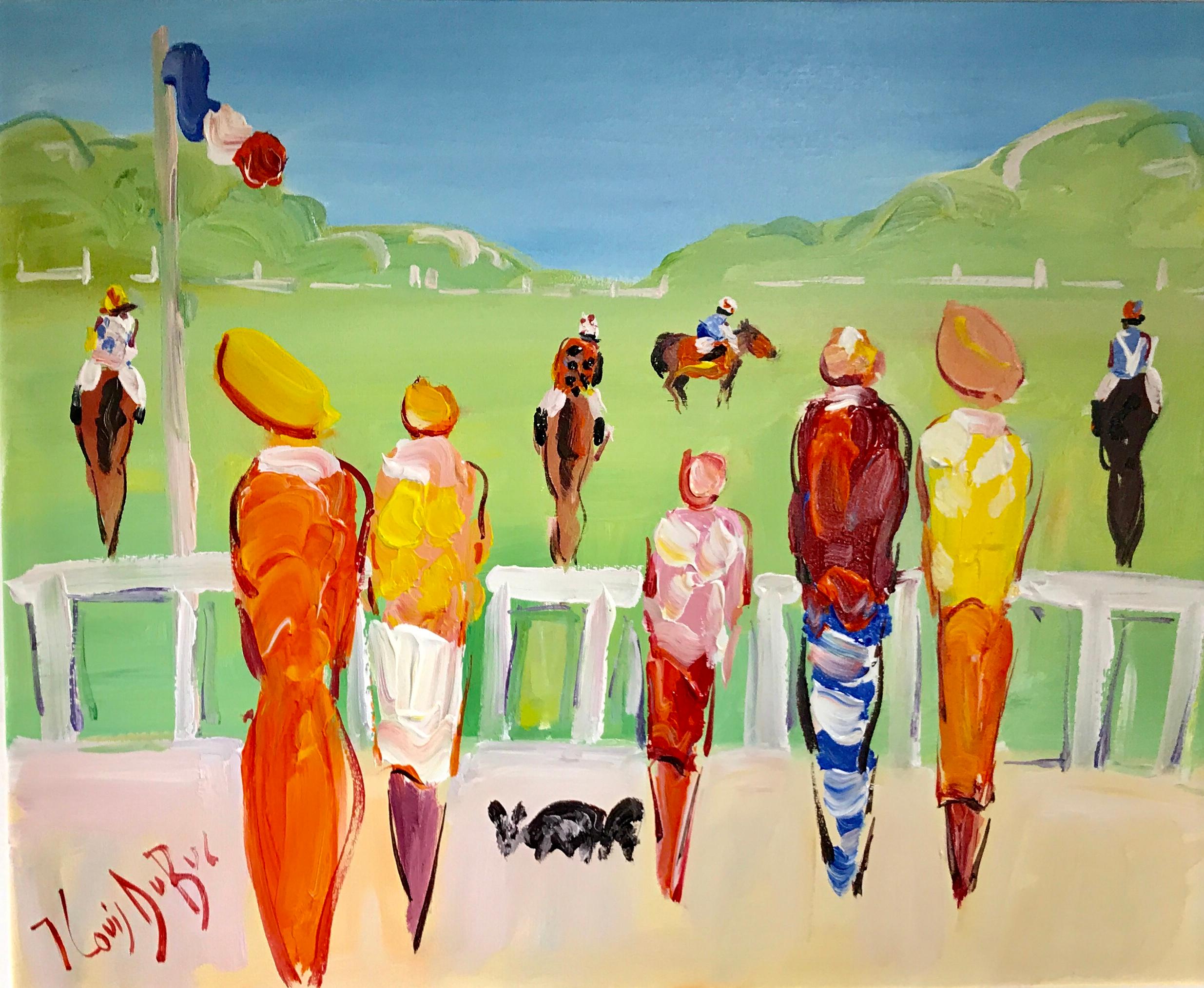 'Aux Courses' est une peinture figurative de taille moyenne encadrée à l'huile sur toile créée par l'artiste français Jean-Louis Dubuc au 21e siècle. Avec une palette lumineuse composée principalement de tons verts, orange, rouges, jaunes et bleus,
