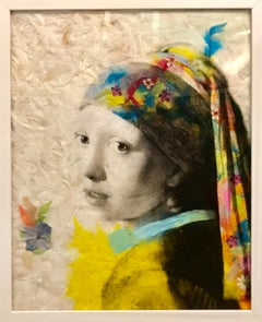 Jeune Fille Vermeer by Daniel Gastaud, Mixed Media with Feathers Painting