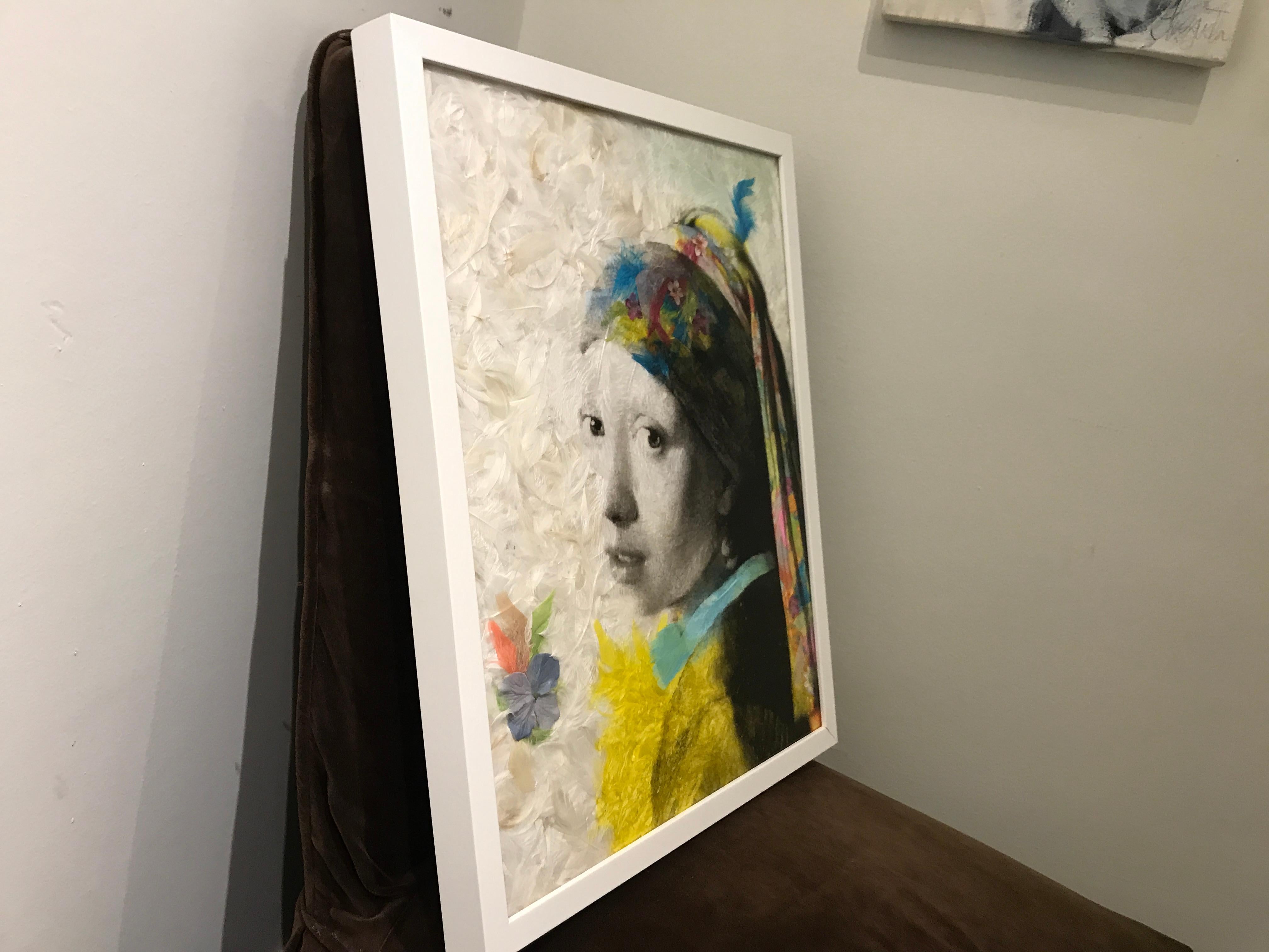 Jeune Fille Vermeer by Daniel Gastaud, Mixed Media with Feathers Painting 1