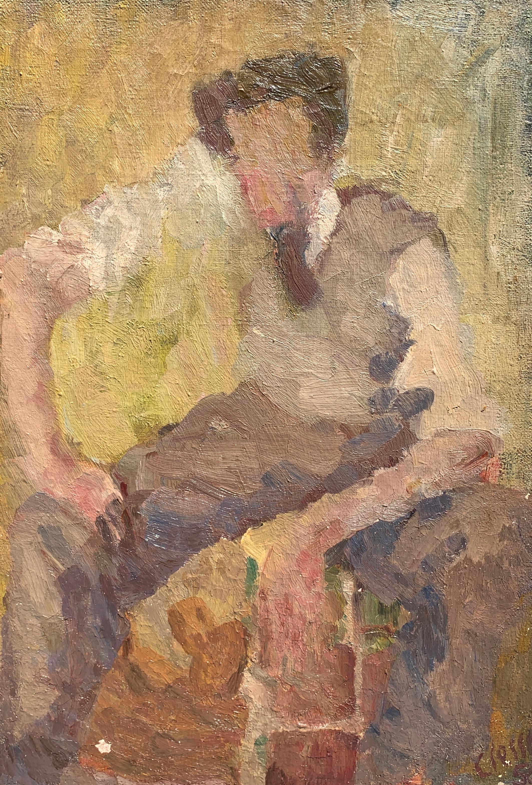 'Autoportrait' is a medium size oil on board painting created by French artist Daniel Clesse in 1958. Featuring a palette made of brown and ocher tones, the painting is an abstracted self-portrait of the artist who was born in Paris in 1932 and