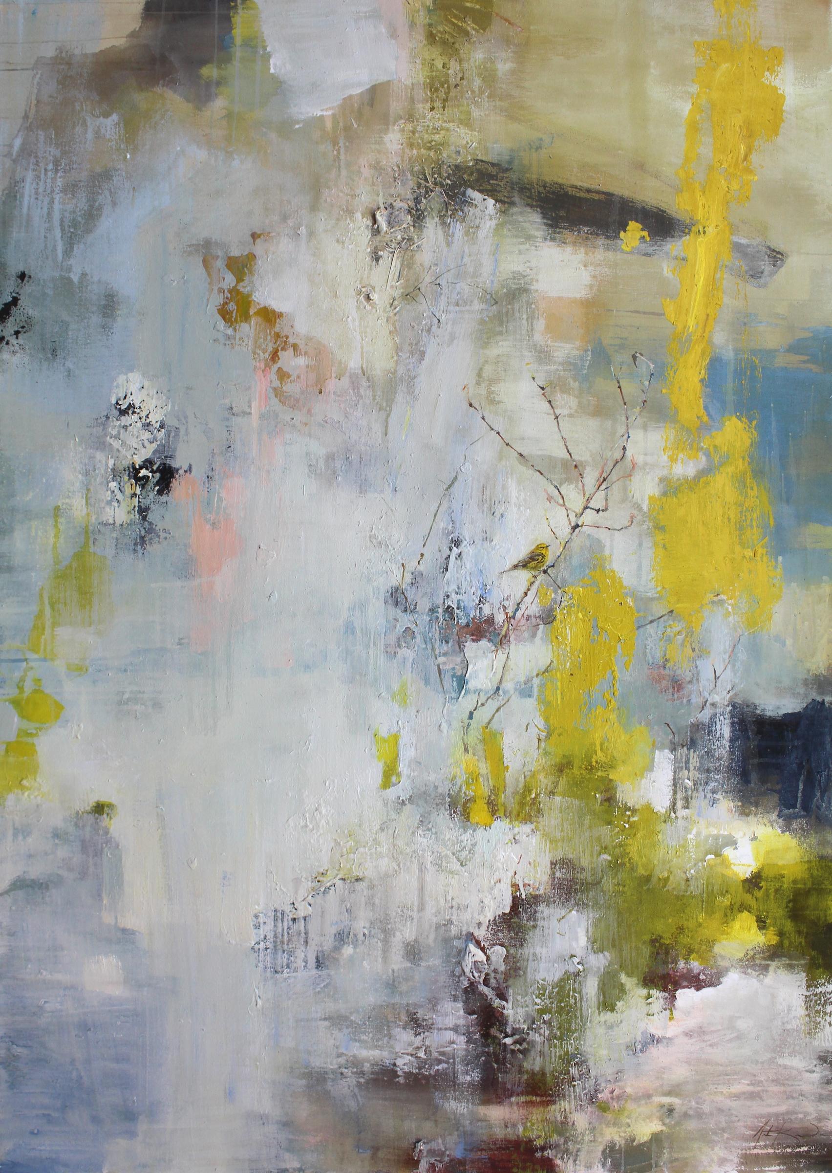 'Did you Hear the Sound? (Prairie Warbler) is a large vertical mixed media on canvas abstract painting created by American artist Justin Kellner in 2019. Featuring a palette made of yellow, grey, blue and brown tones, the painting presents an