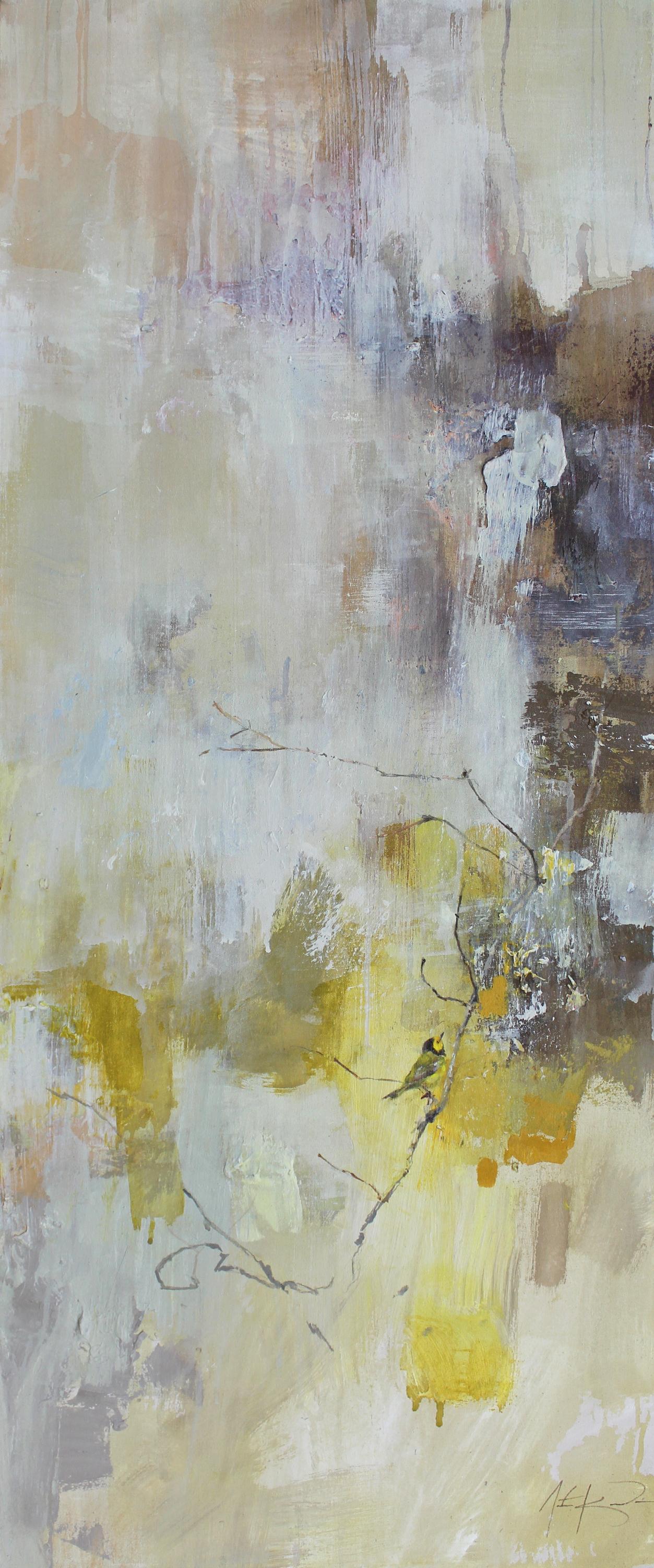 'In Other Places (Hooded Warbler)' is a tall vertical mixed media on canvas abstract painting created by American artist Justin Kellner in 2019. Featuring a palette made of golden, white, grey, brown and beige tones, the painting presents an