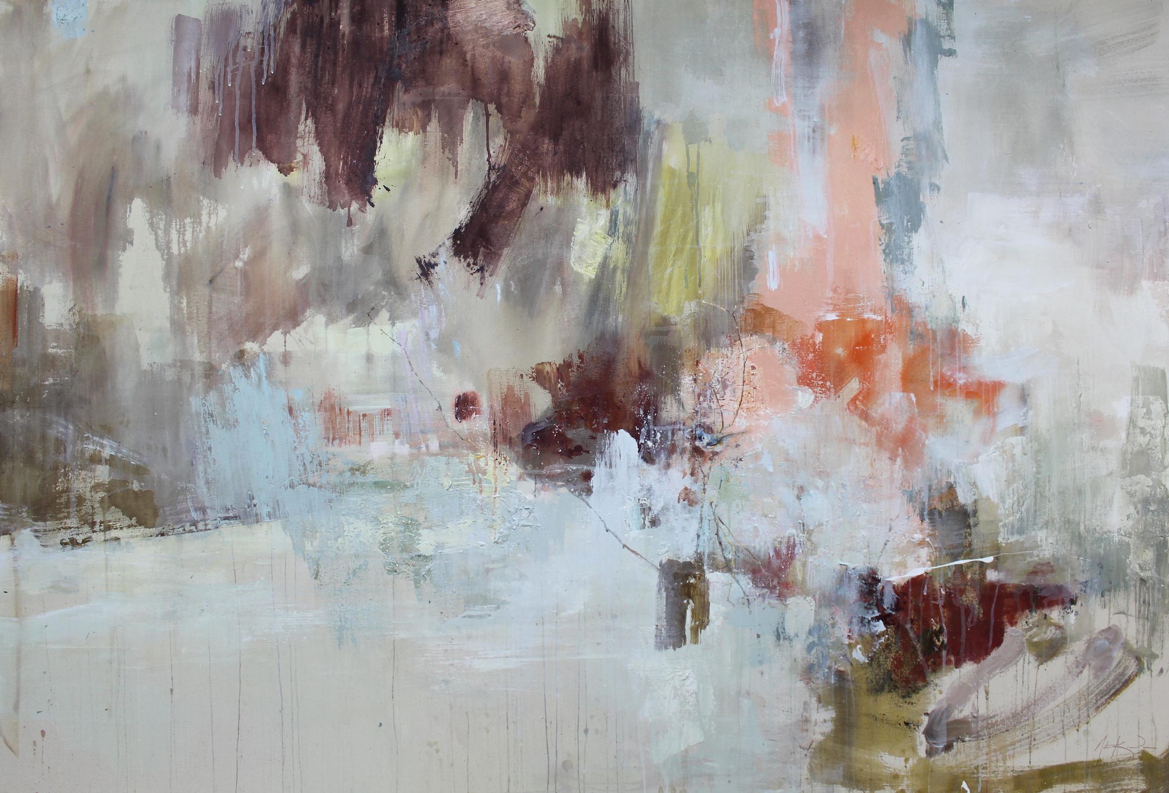 'Hoping for the Moment (Tufted Titmouse)' is a large horizontal mixed media on canvas abstract painting created by American artist Justin Kellner in 2019. Featuring a palette made of grey, brown, white, soft pink and orange among other tones, the
