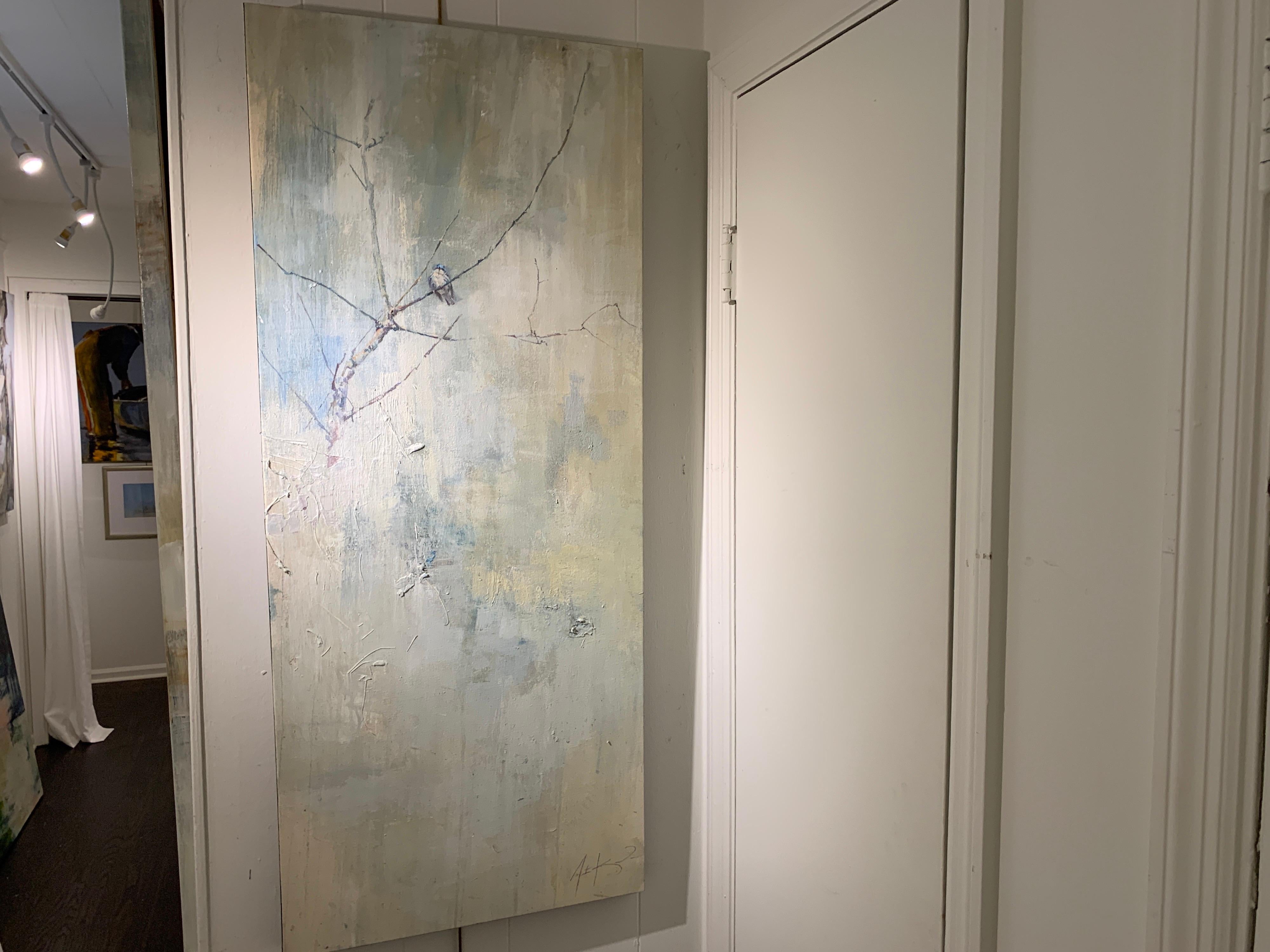 'Impending Rain, A Welcome Idea (Cape-may Warbler)' is a large vertical mixed media on canvas abstract painting created by American artist Justin Kellner in 2020. Featuring a palette made of blue, beige, grey, and green, the painting presents an