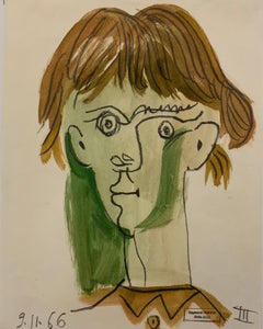 Portrait cubiste français sur papier Cheveux Bruns Court de Raymond Debieve