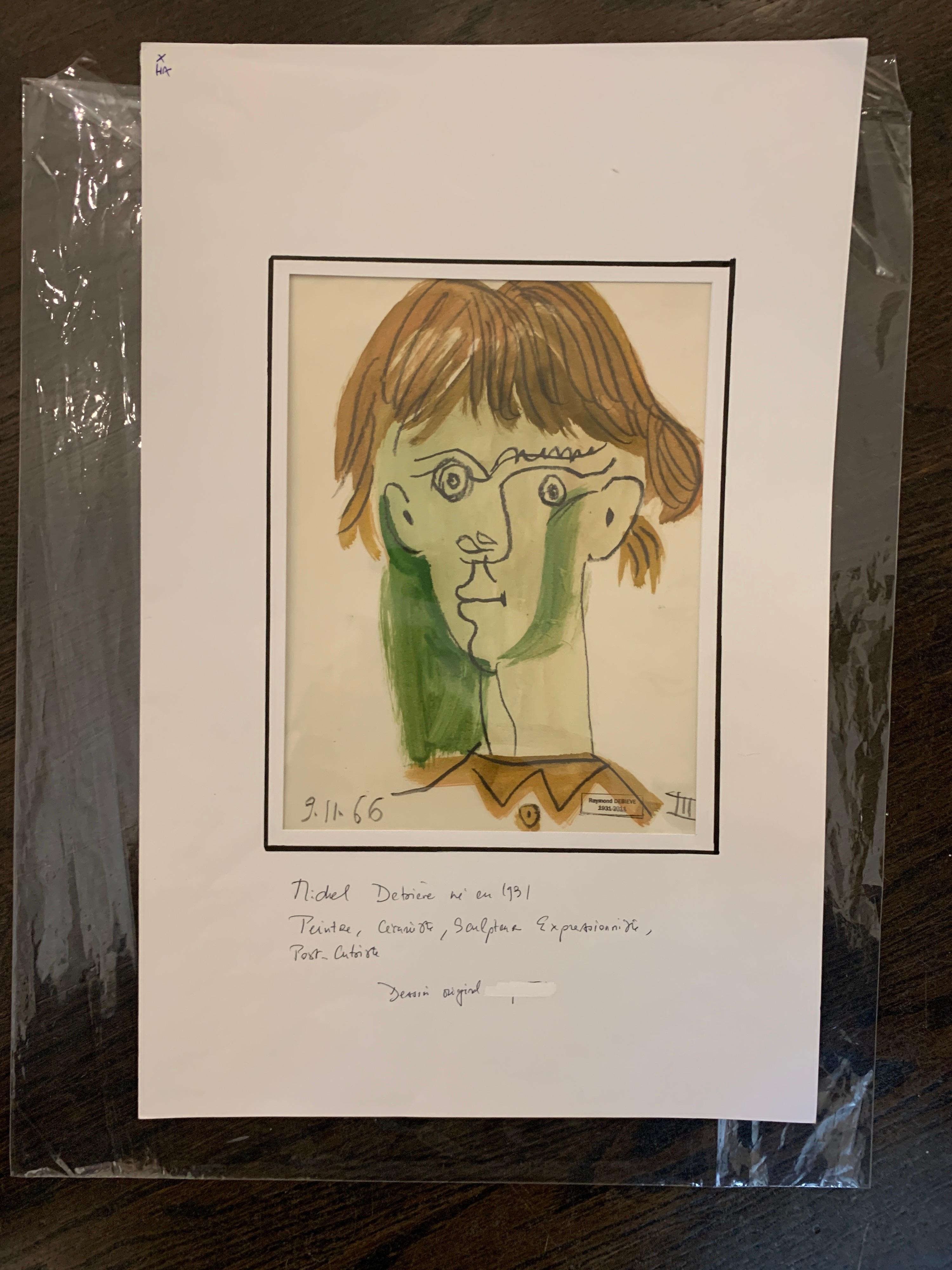 Cheveux Bruns Court by Raymond Debieve, French Cubist Portrait on Paper 2