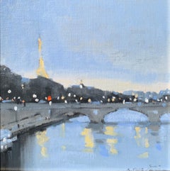 Seeing the City at Dusk by Sherrie Russ Levine, Parisian Painting, Blue, Green