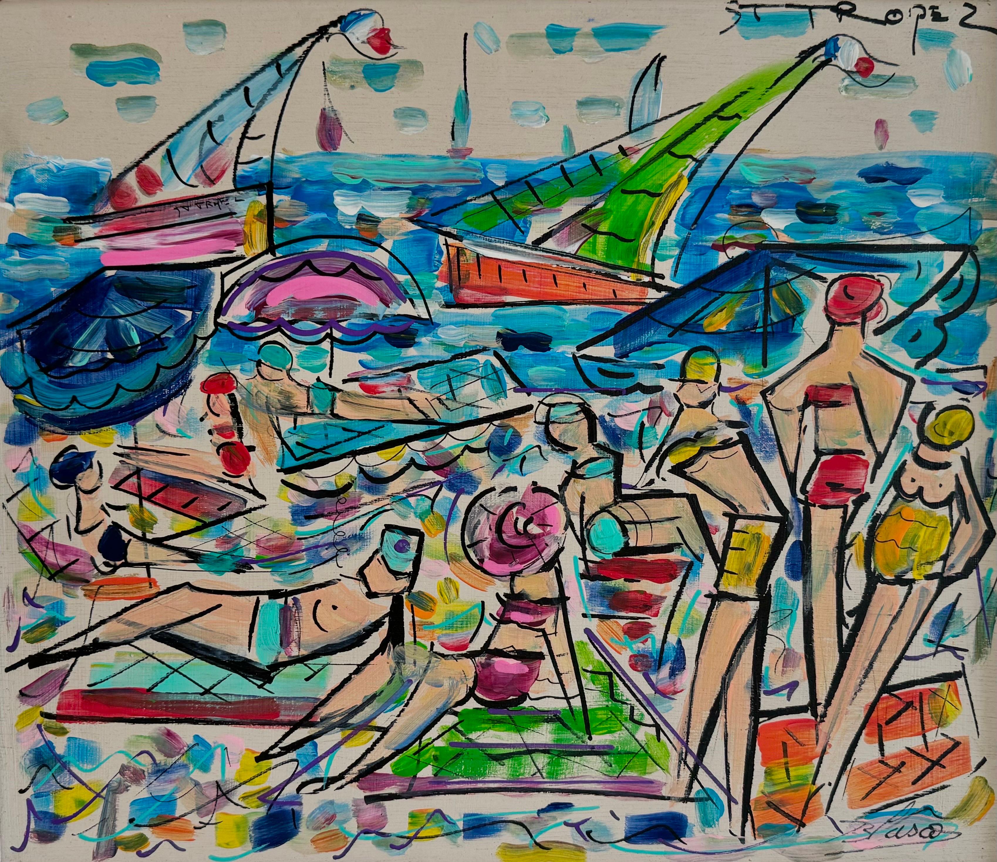 Isidro Blasco Figurative Art – The Beach von Blasco, Contemporary FIgurative French Painting on Board