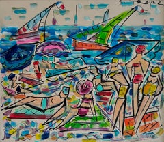 Sur la plage par Blasco, peinture française contemporaine FIgurative sur panneau