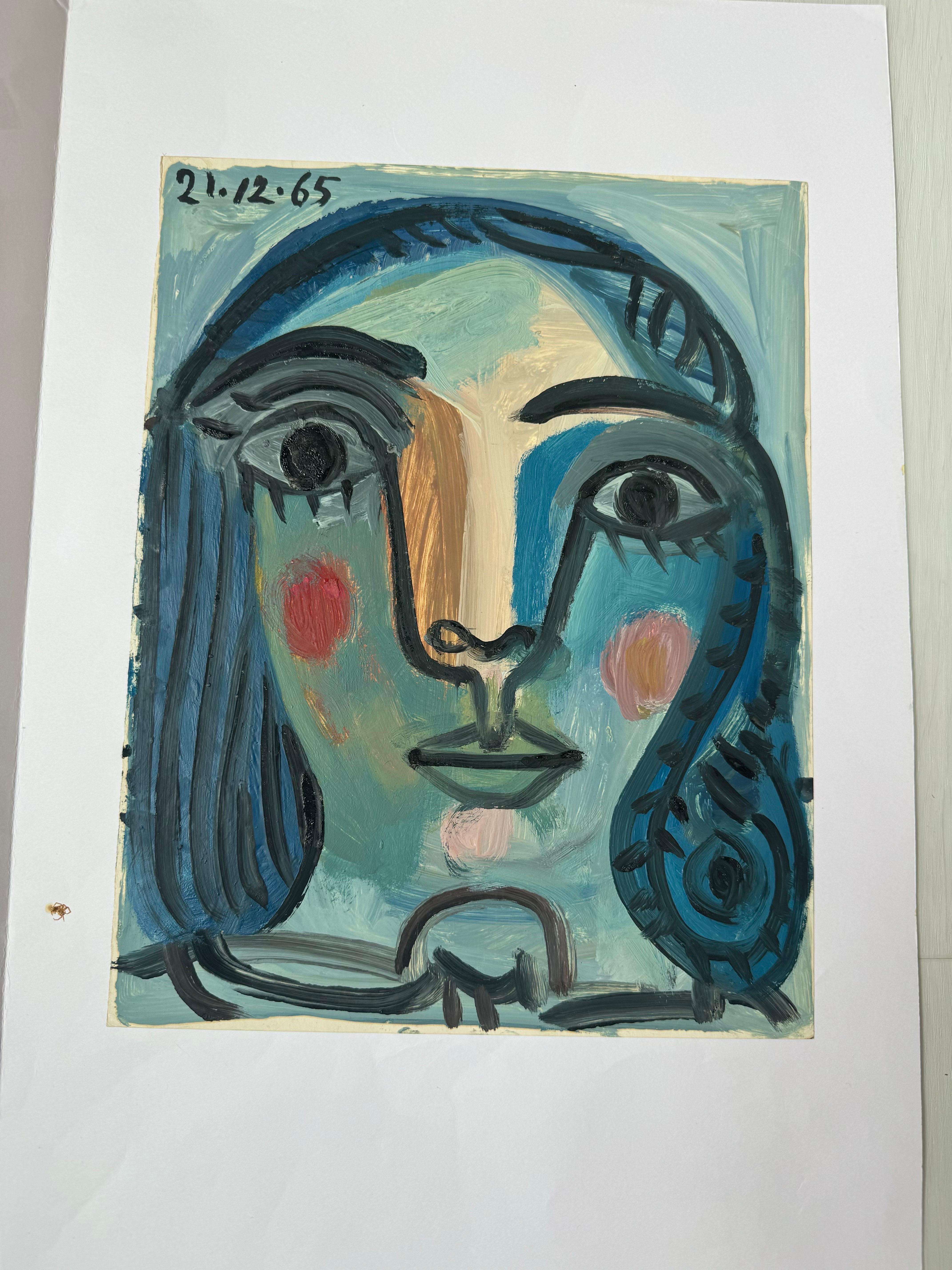 Blushing Girl von Raymond Debieve, Französisches kubistisches Porträtgemälde auf Karton im Angebot 2