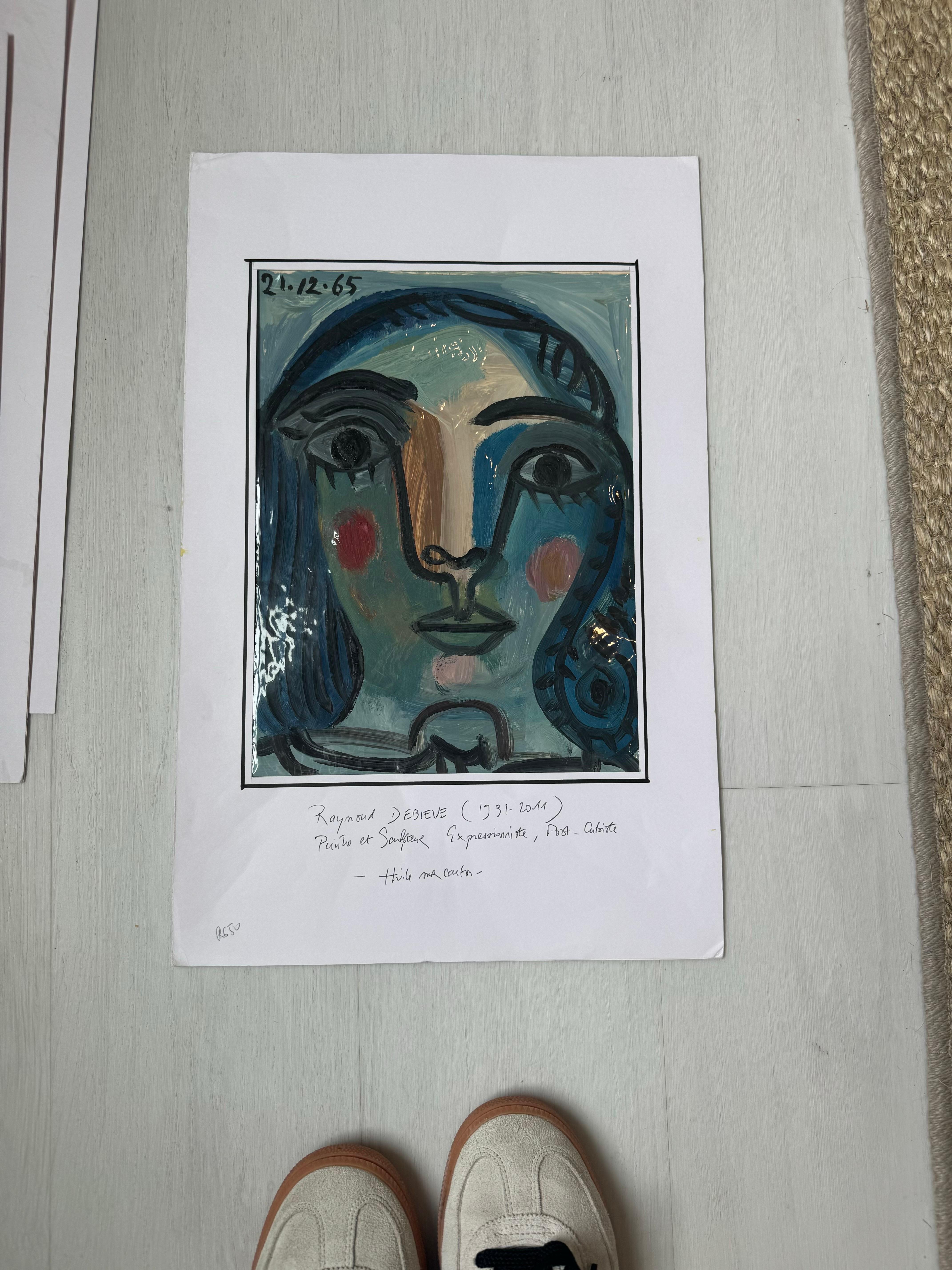 Blushing Girl von Raymond Debieve, Französisches kubistisches Porträtgemälde auf Karton im Angebot 1