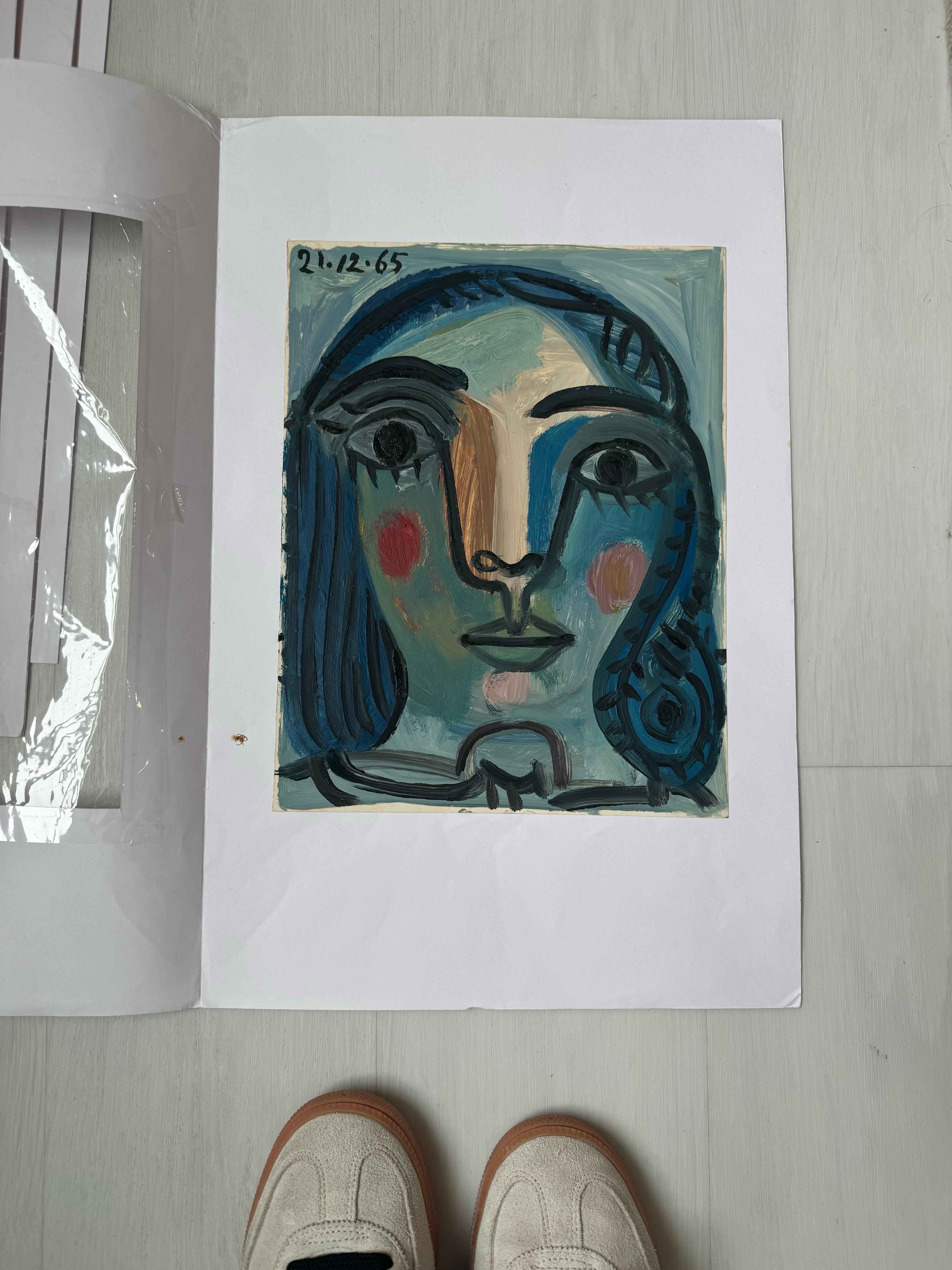 Blushing Girl von Raymond Debieve, Französisches kubistisches Porträtgemälde auf Karton im Angebot 3