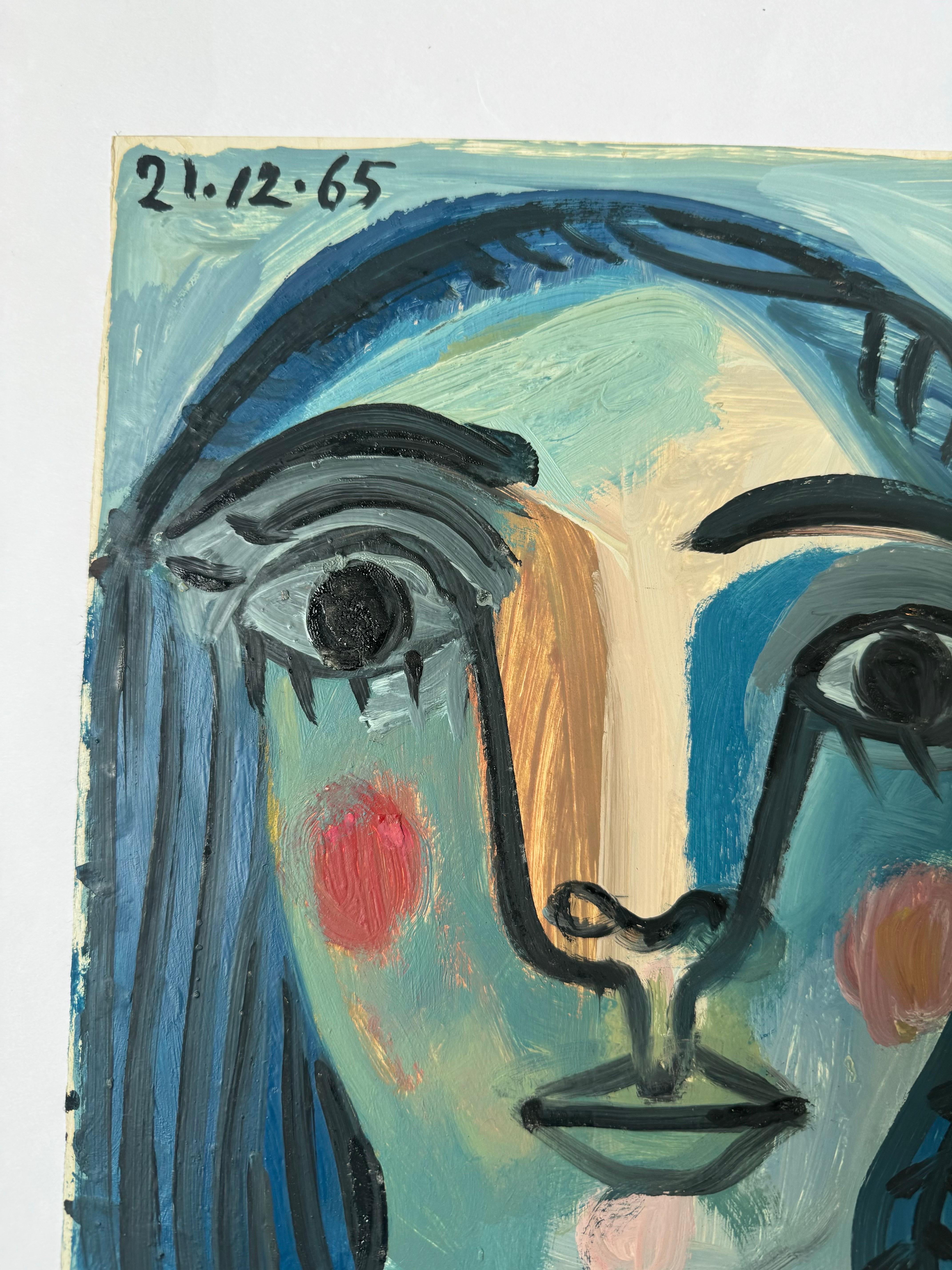 Blushing Girl von Raymond Debieve, Französisches kubistisches Porträtgemälde auf Karton im Angebot 4
