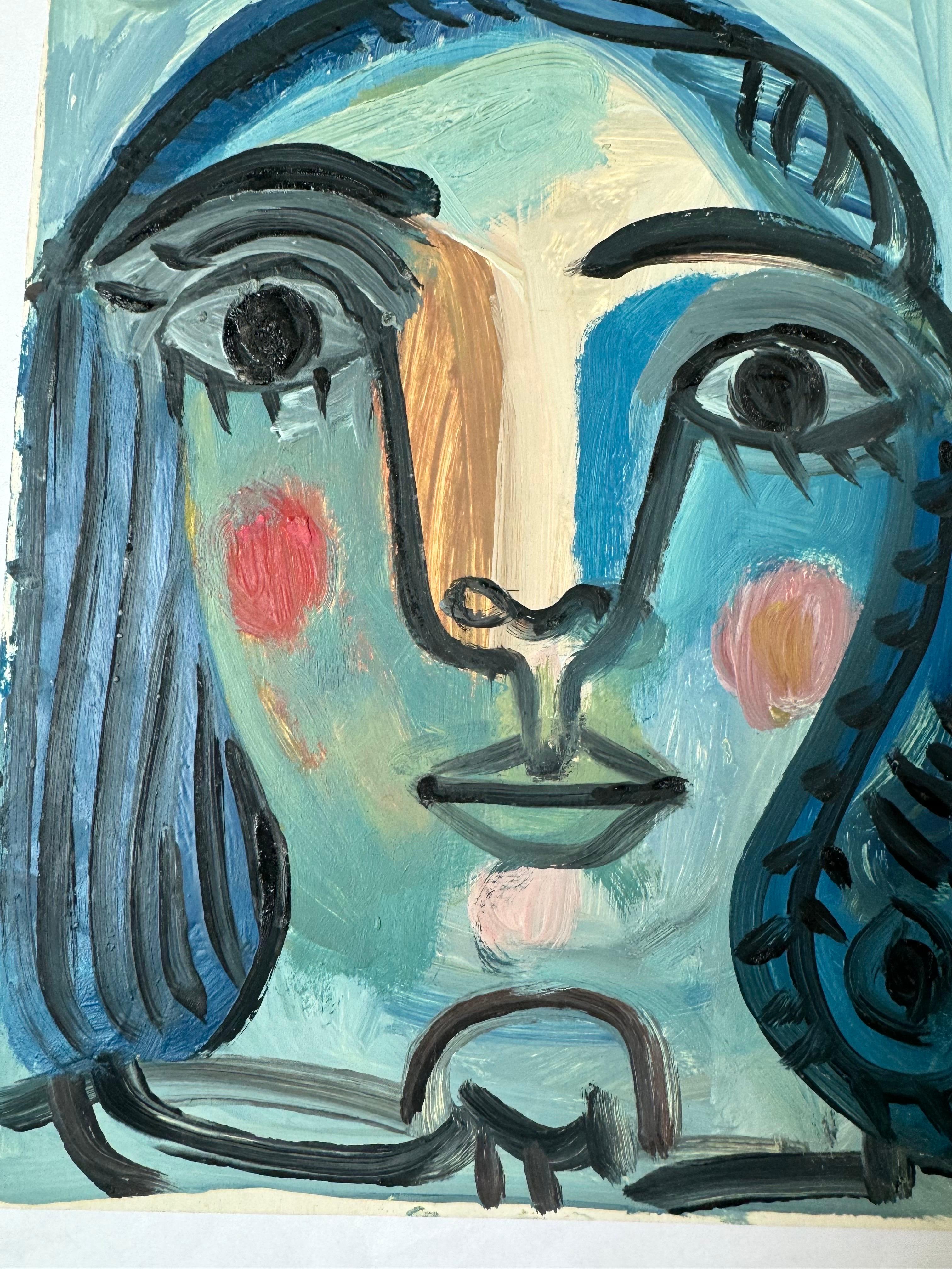 Blushing Girl von Raymond Debieve, Französisches kubistisches Porträtgemälde auf Karton im Angebot 5