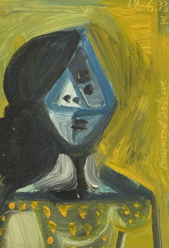 Fille Diamantee par Raymond Debieve, peinture de portrait cubiste française sur papier