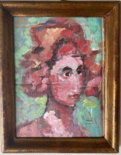 Freida by Vincenzo, Fauvist Framed Portrait on Cardboard with Pink and Green