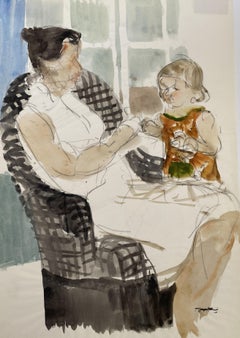 Mere et Fille by Jacques Petit, Cubist Mother and Daughter Watercolor Painting