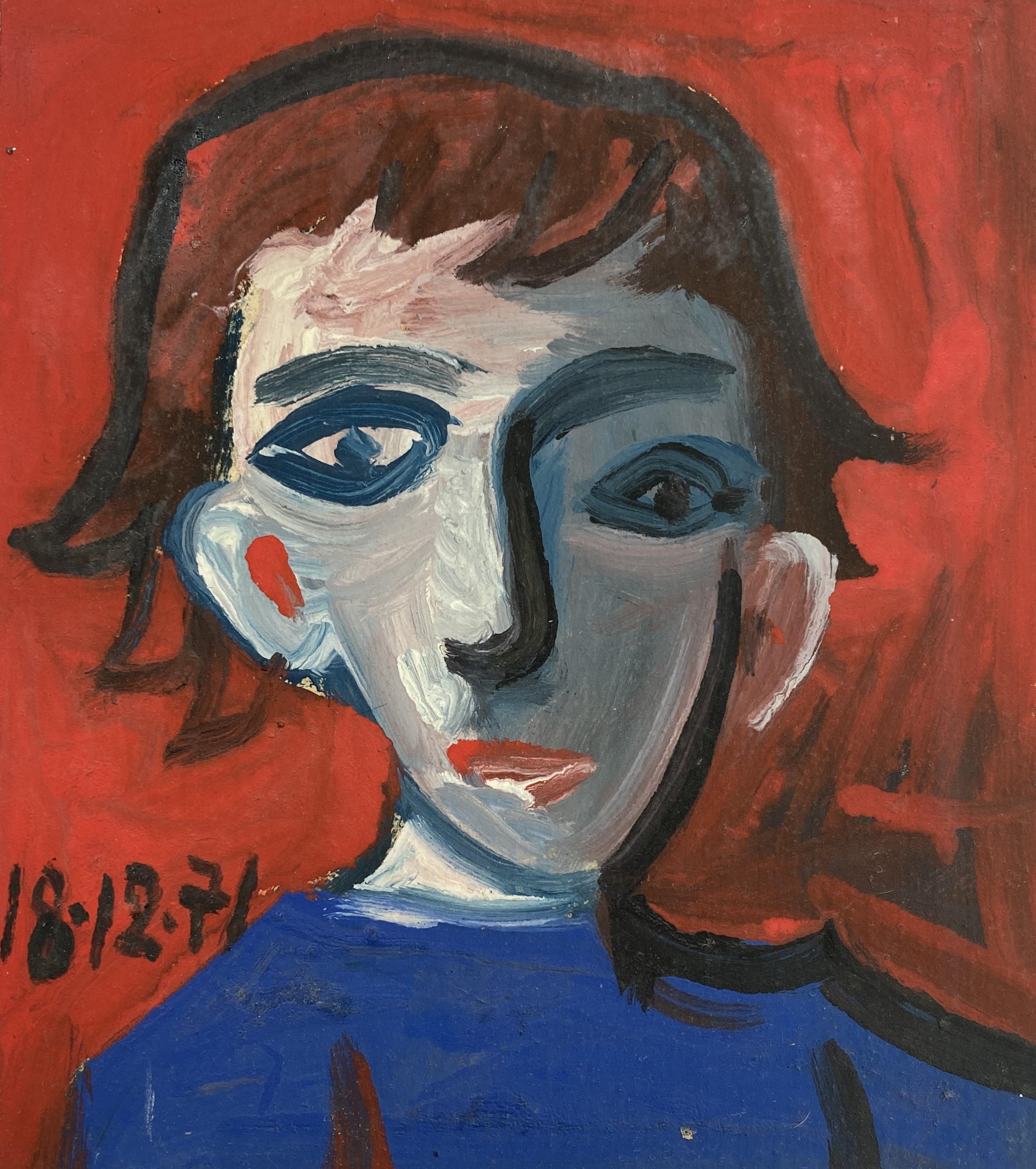 Garcon Rouge et Bleu von Raymond Debieve, französisches kubistisches Porträtgemäldepapier