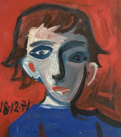 Garcon Rouge et Bleu by Raymond Debieve, French Cubist Portrait Painting Paper