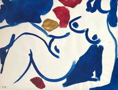 Nude II von Jacques Nestle Petite, modernes Aktgemälde auf Papier, blau und weiß, modern