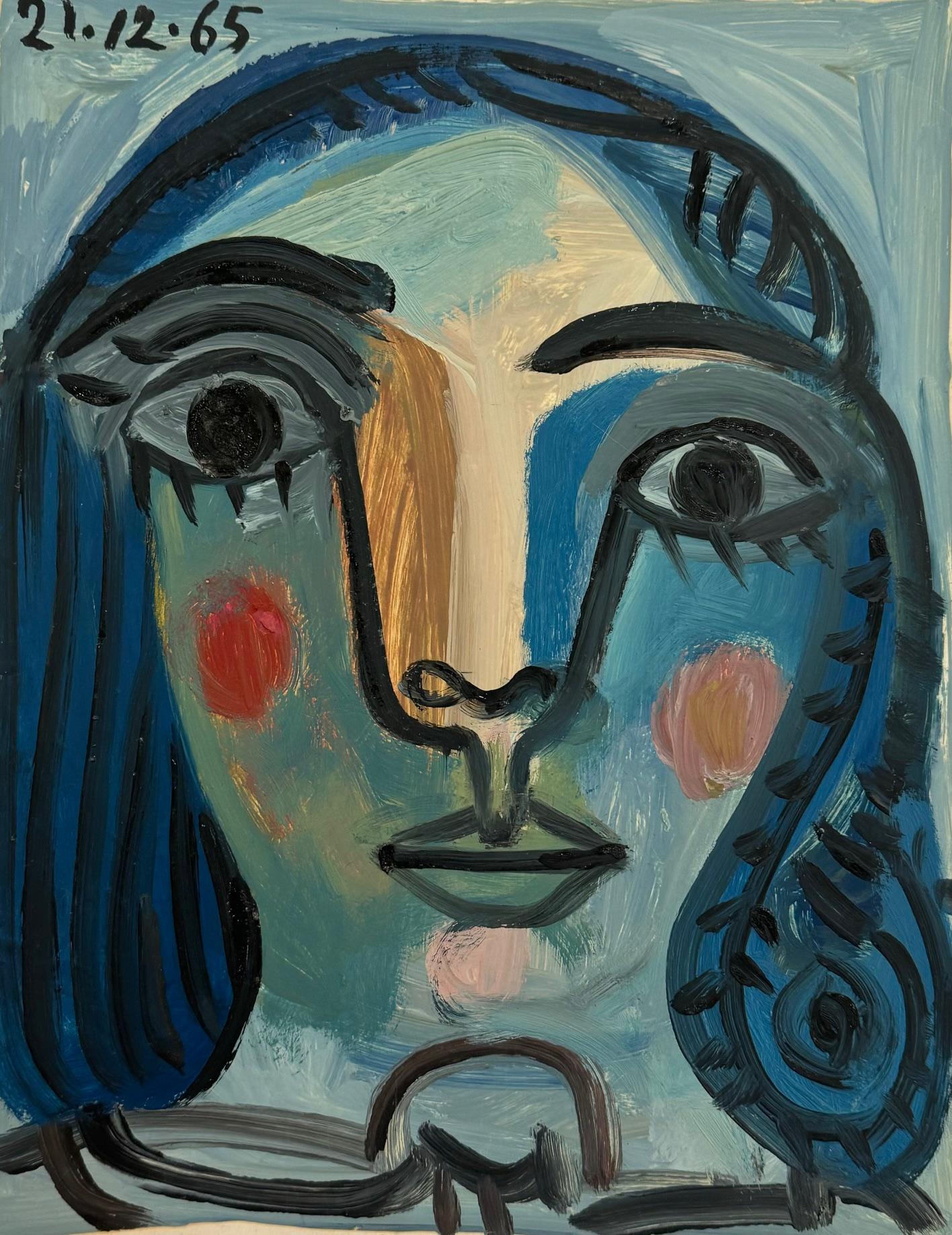 Blushing Girl von Raymond Debieve, Französisches kubistisches Porträtgemälde auf Karton