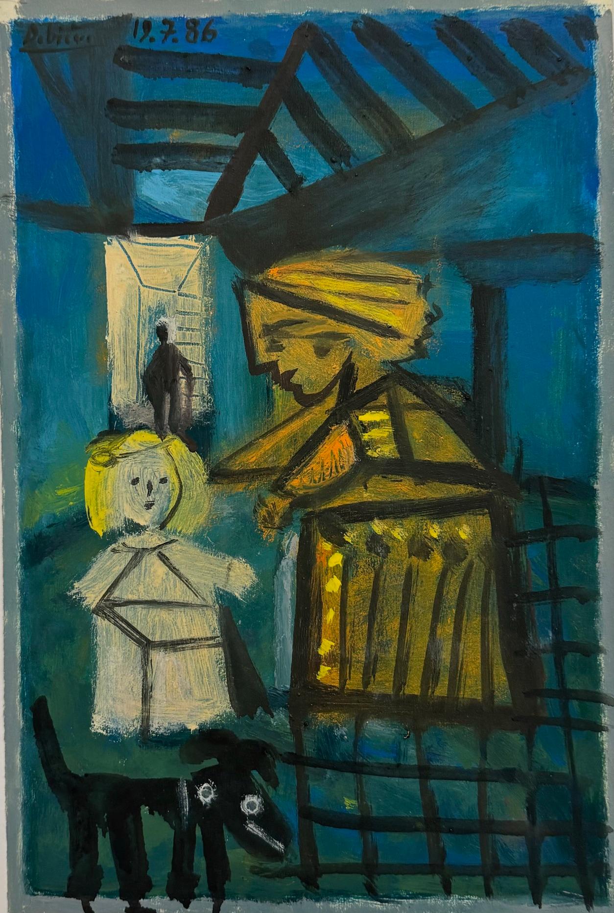 A Goodnight Hug de Raymond Debieve, peinture figurative cubiste française sur carton