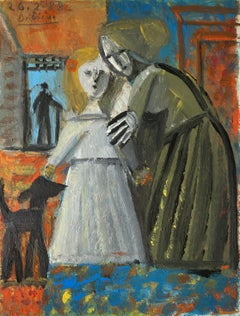 Mère et enfant par Raymond Debieve, peinture figurative cubiste française sur carton