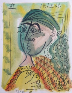 Cheveux Verts, Raymond Debiève Original 1968 Post-Cubist Oil on Paper Painting