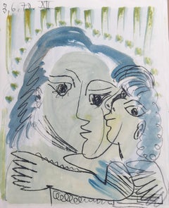 Étreinte Bleue I, Raymond Debiève 1970 Original Post-Cubist Drawing on Paper