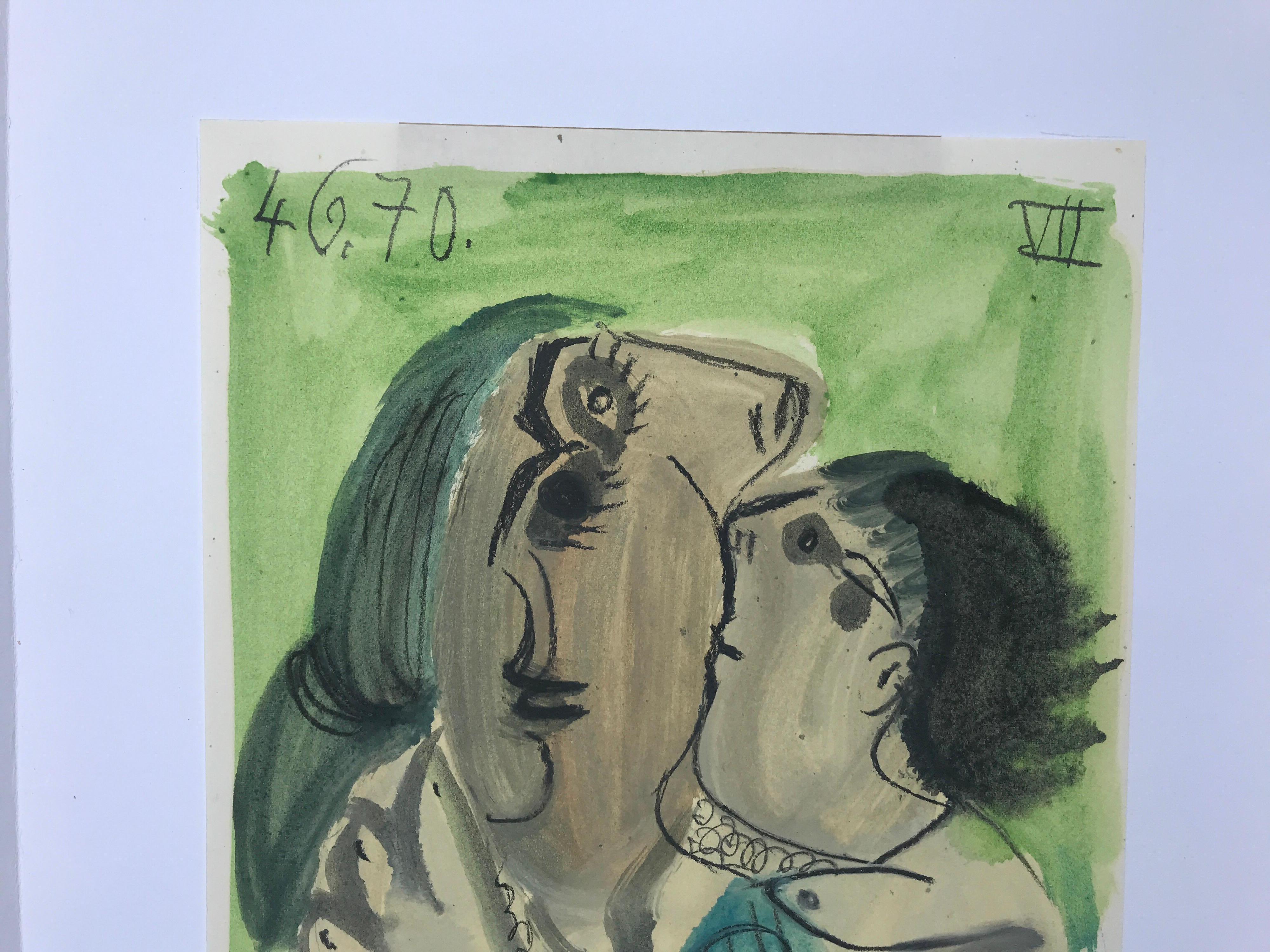 'Duo Cubiste' is an original oil on paper painting created by French post-cubist and expressionist artist Raymond Debiève in 1970. Featuring a theme particularly dear to Cubist artist Pablo Picasso, the painting represents a mother and her child,