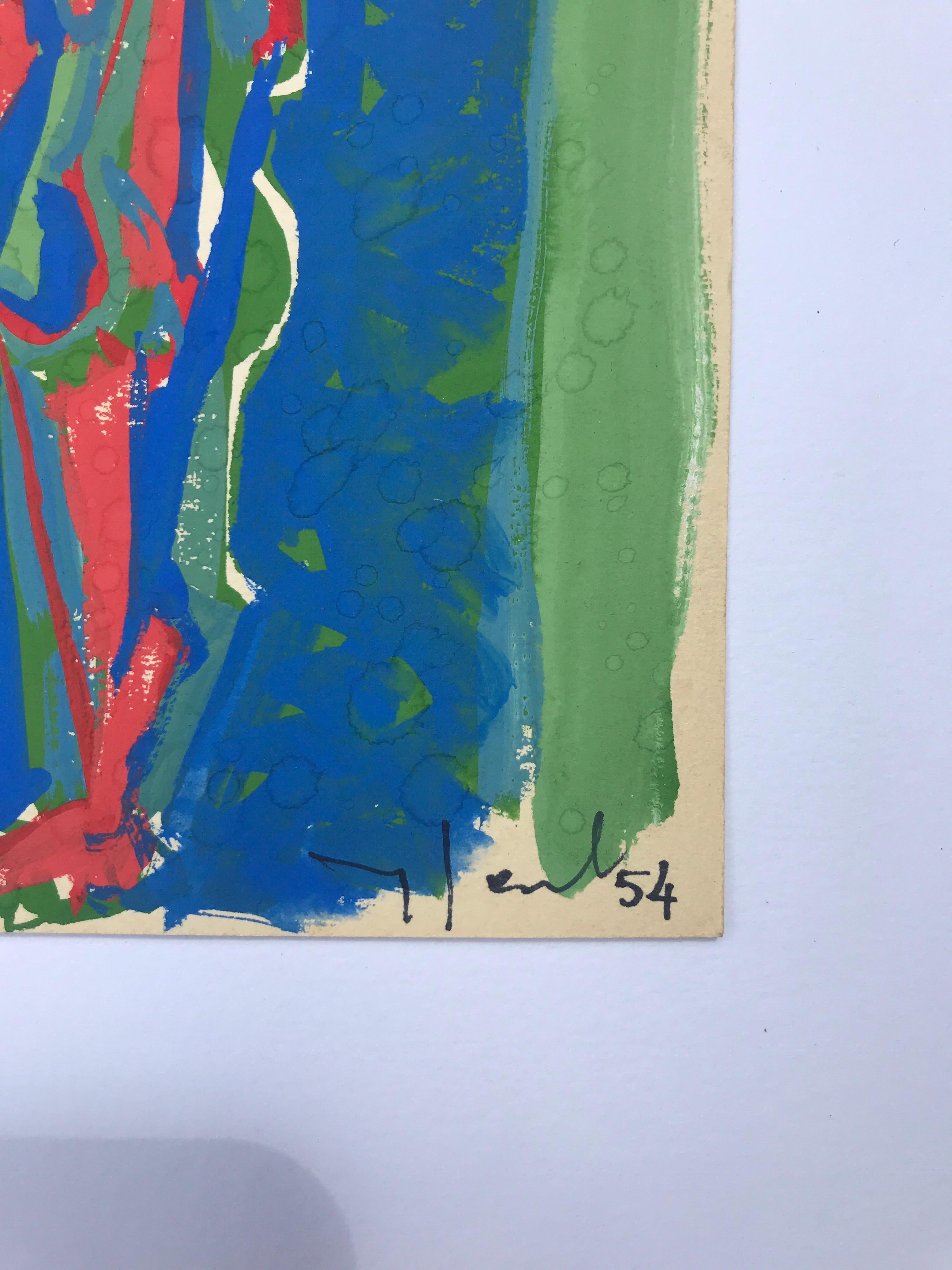 Green and Blue, Yves Jobert Original 1954 Vintage Gouache on Paper Drawing 3