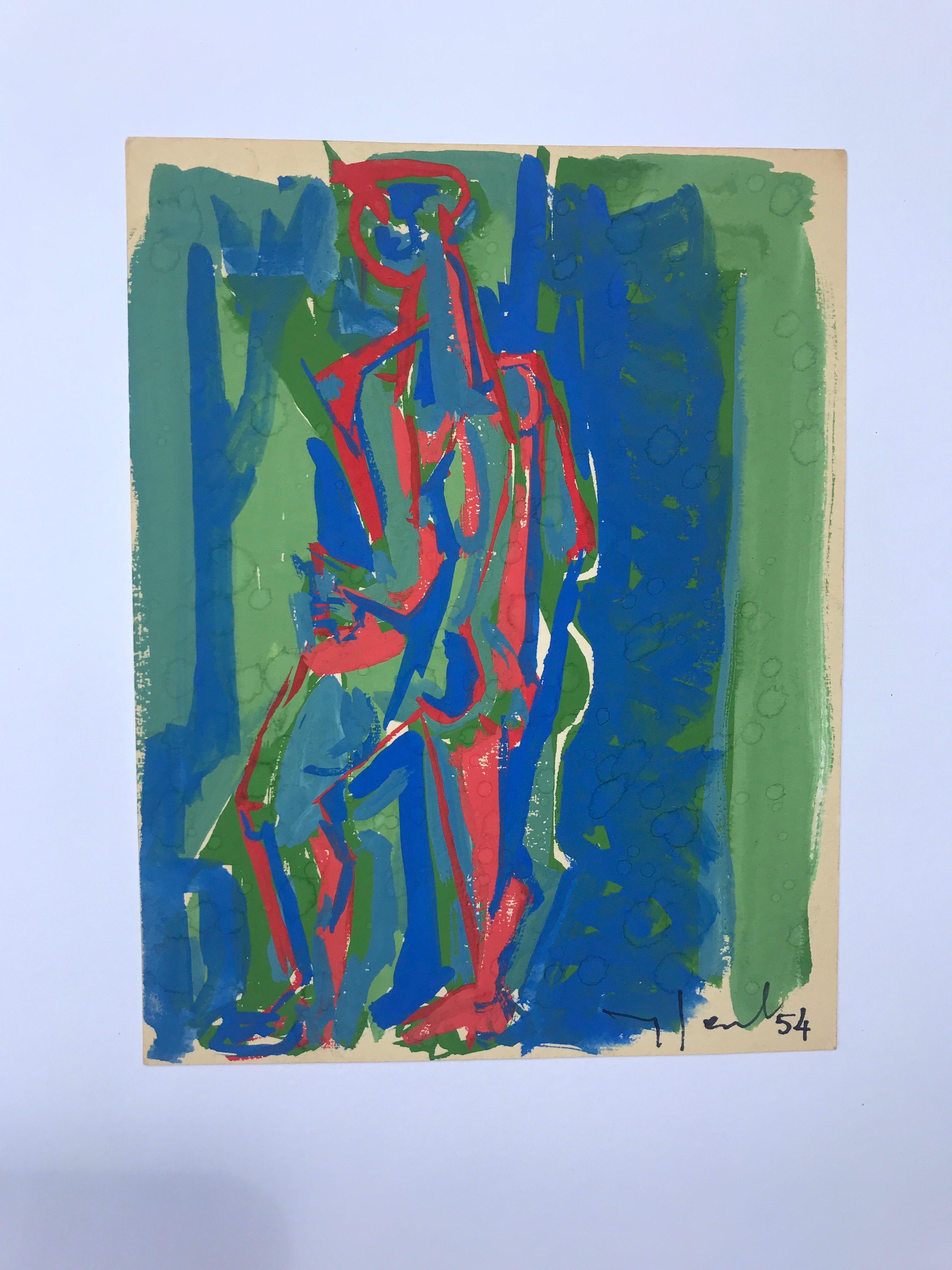 Green and Blue, Yves Jobert Original 1954 Vintage Gouache on Paper Drawing 4