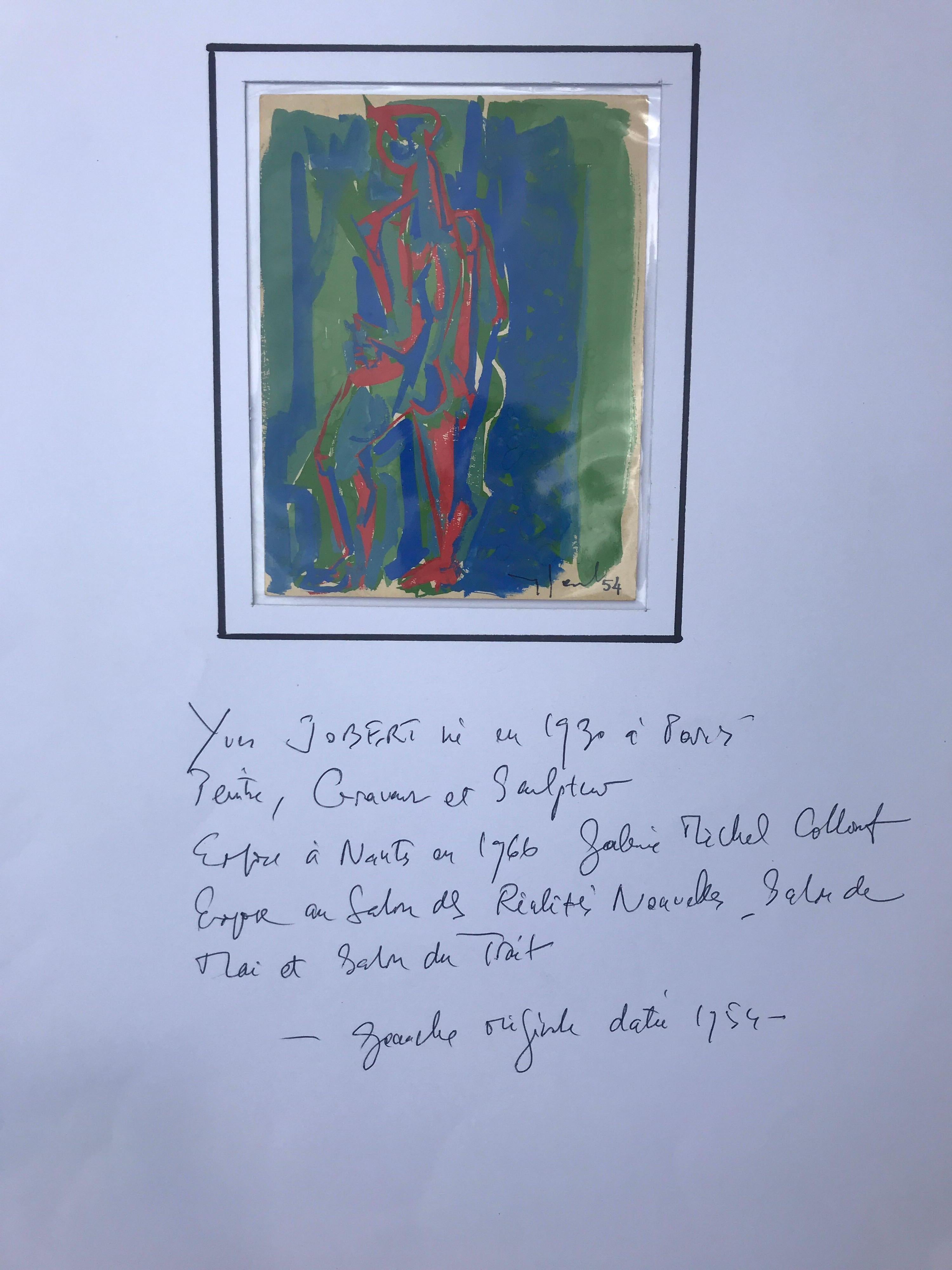 Green and Blue, Yves Jobert Original 1954 Vintage Gouache on Paper Drawing 1