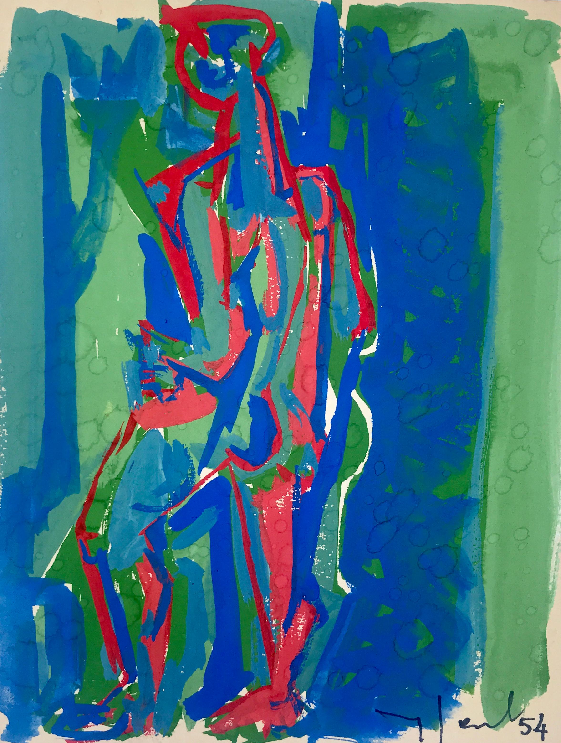 'Green and Blue' s an original gouache on paper drawing created by French artist Yves Jobert in 1954. Featuring a palette made of red, blue and green, this vertical format depicts a silhouette shown in profile. Red and blue strokes create the