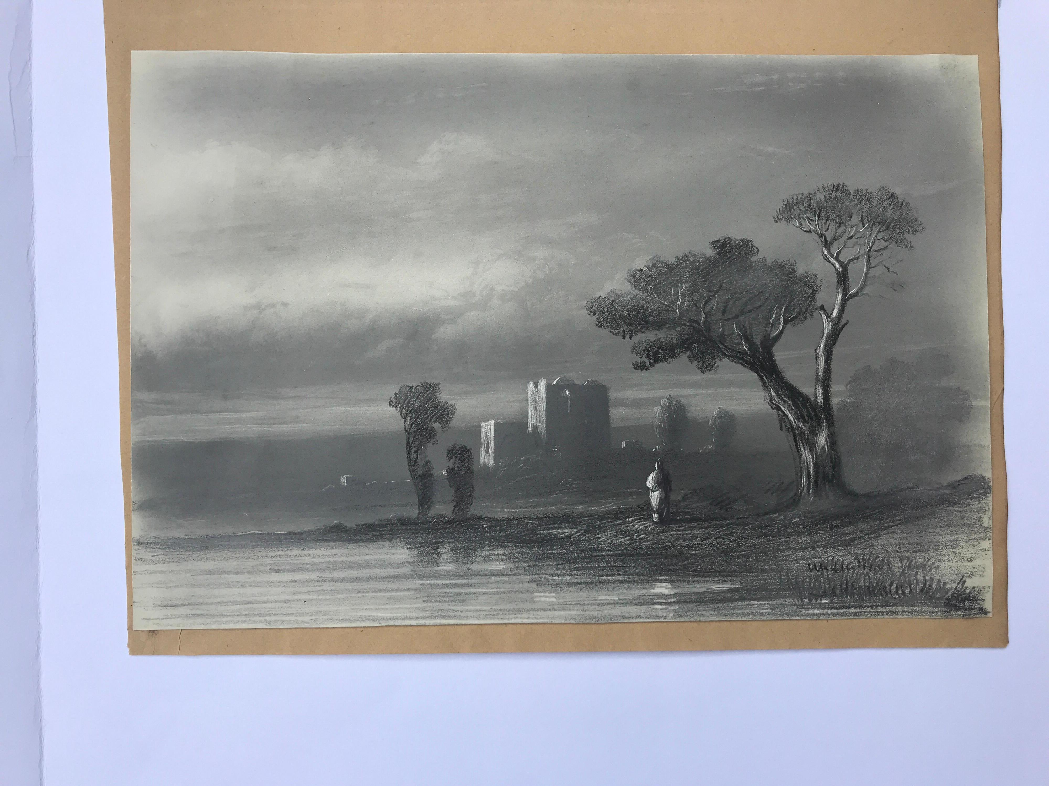 This original orientalist landscape drawing on paper was created by French artist Juste Fruchard in the mid 19th century. Featuring a grisaille technique, the drawing depicts a theme dear to 19th century artists: orientalism. The invasion of Egypt