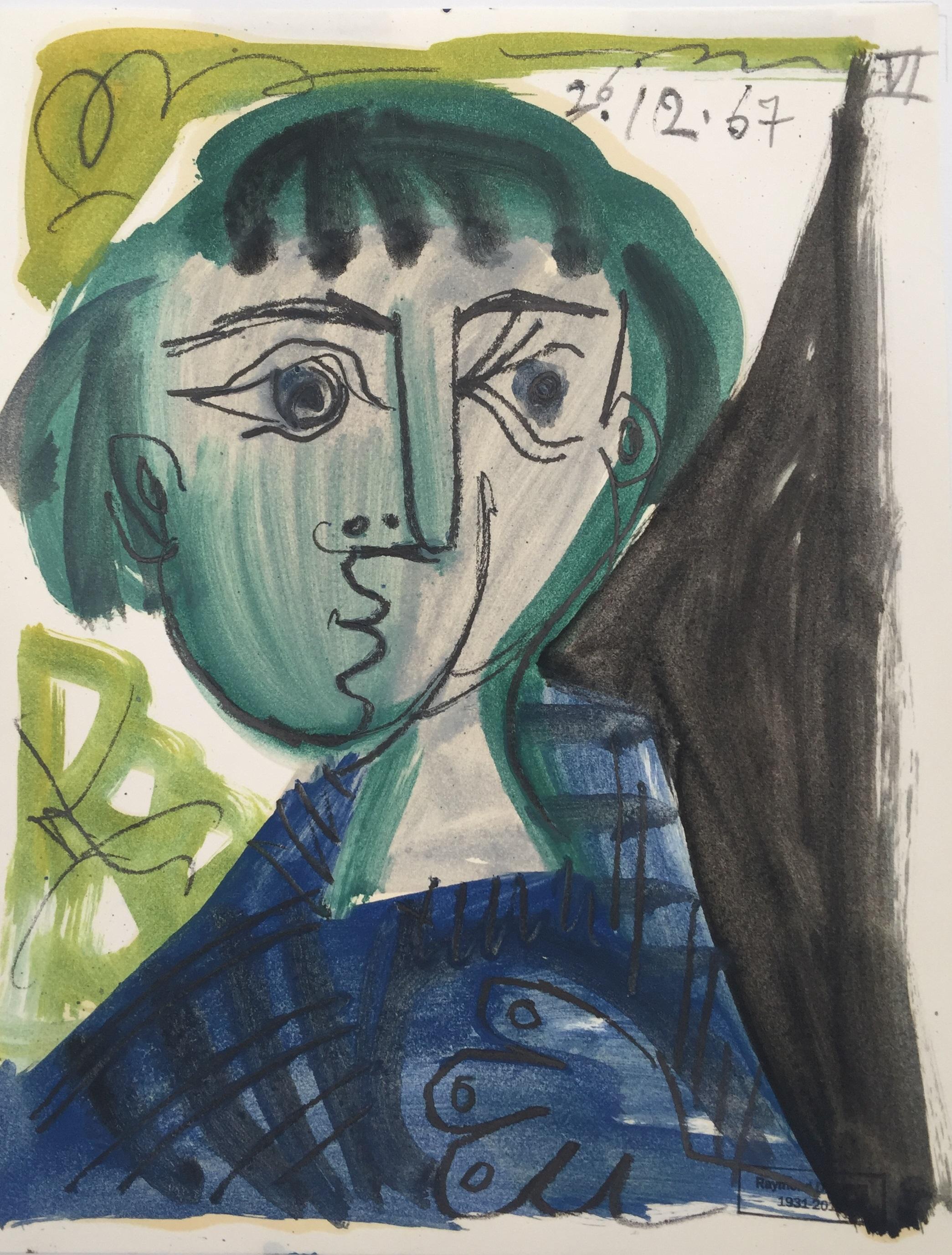 Raymond Debieve Portrait - Femme Pensive, Raymond Debiève 1967 Post-Cubist Original Oil on Paper Painting