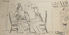 Drinks with Death, Raymond Debiève Original 1967 Ink on Paper Horizontal Drawing
