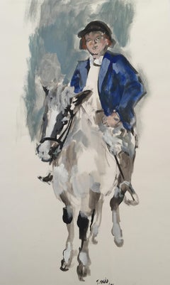 Man in Blue, Jean Pagès 1962 Vertical French Original Gouache on Paper Drawing