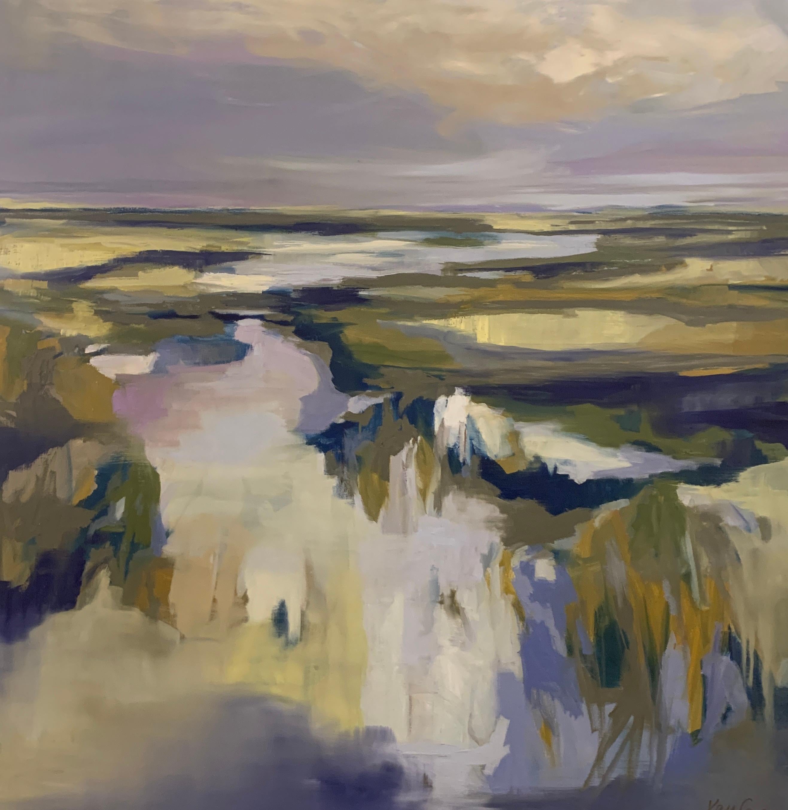 'Cloud Reflection' is a large framed oil and wax on canvas abstracted landscape created by American artist Kelli Kaufman in 2019. Featuring a palette mostly made of green, white and blue tonalities, this square format piece depicts a marsh on the