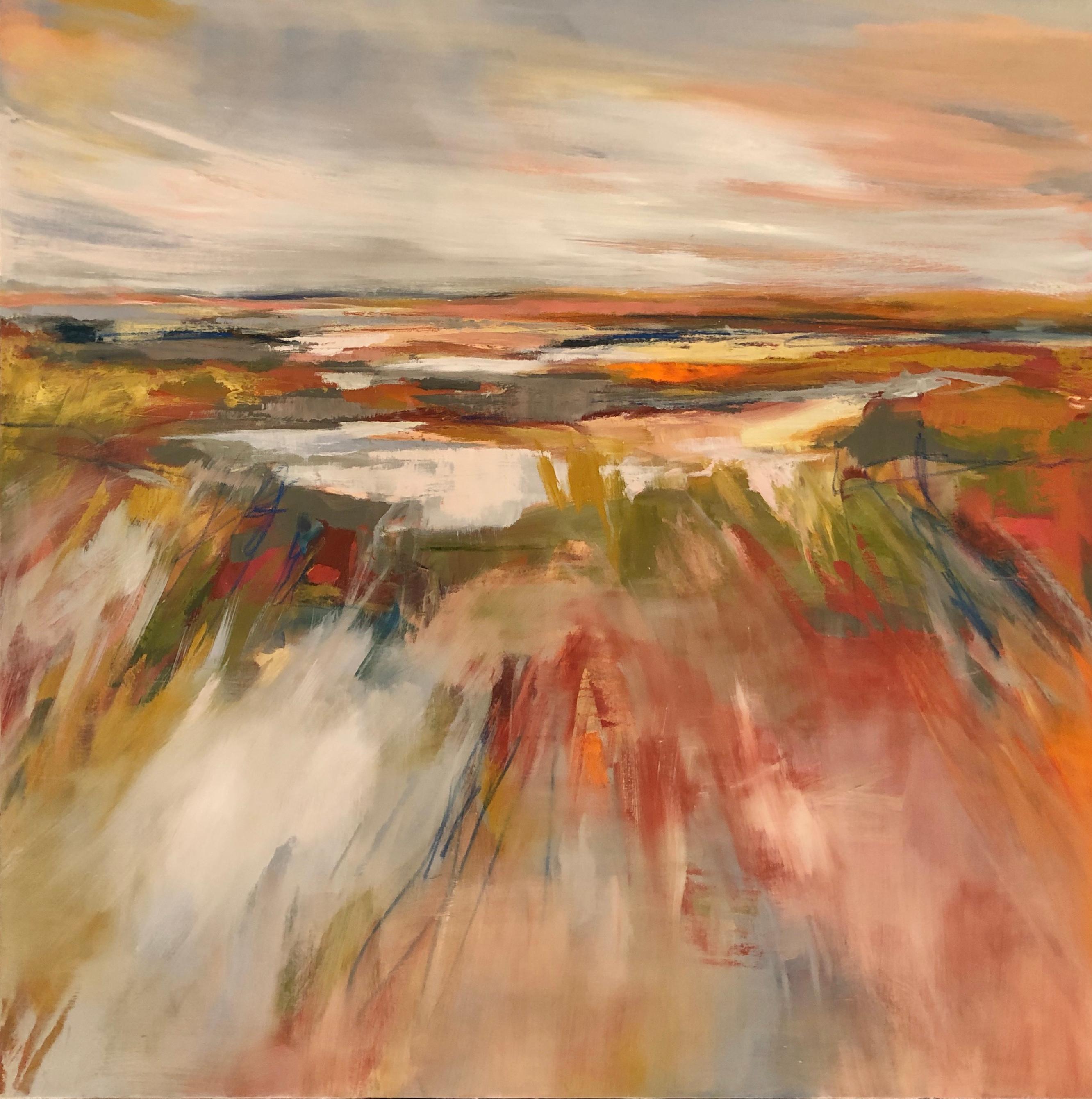 'Wetland Splendor' is a large framed oil and wax on canvas abstracted landscape created by American artist Kelli Kaufman in 2019. Featuring a palette mostly made of warm tonalities, this square format piece depicts a marsh on the Gulf Coast. The