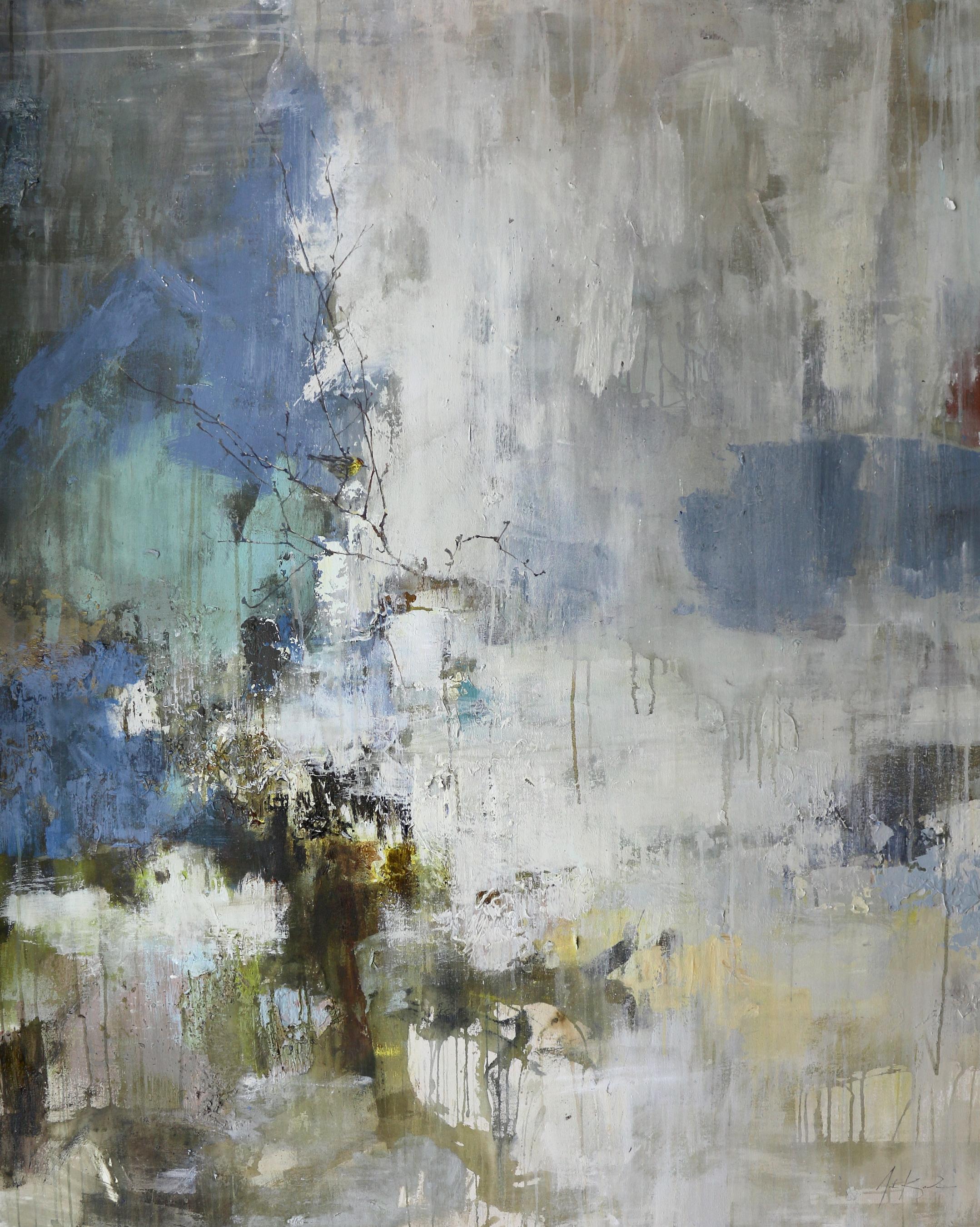 'Impending Rain, A Welcome Idea(Cape-may Warbler)' is a large vertical mixed media on canvas abstract painting created by American artist Justin Kellner in 2020. Featuring a palette made of blue, beige, grey, and green, the painting presents an