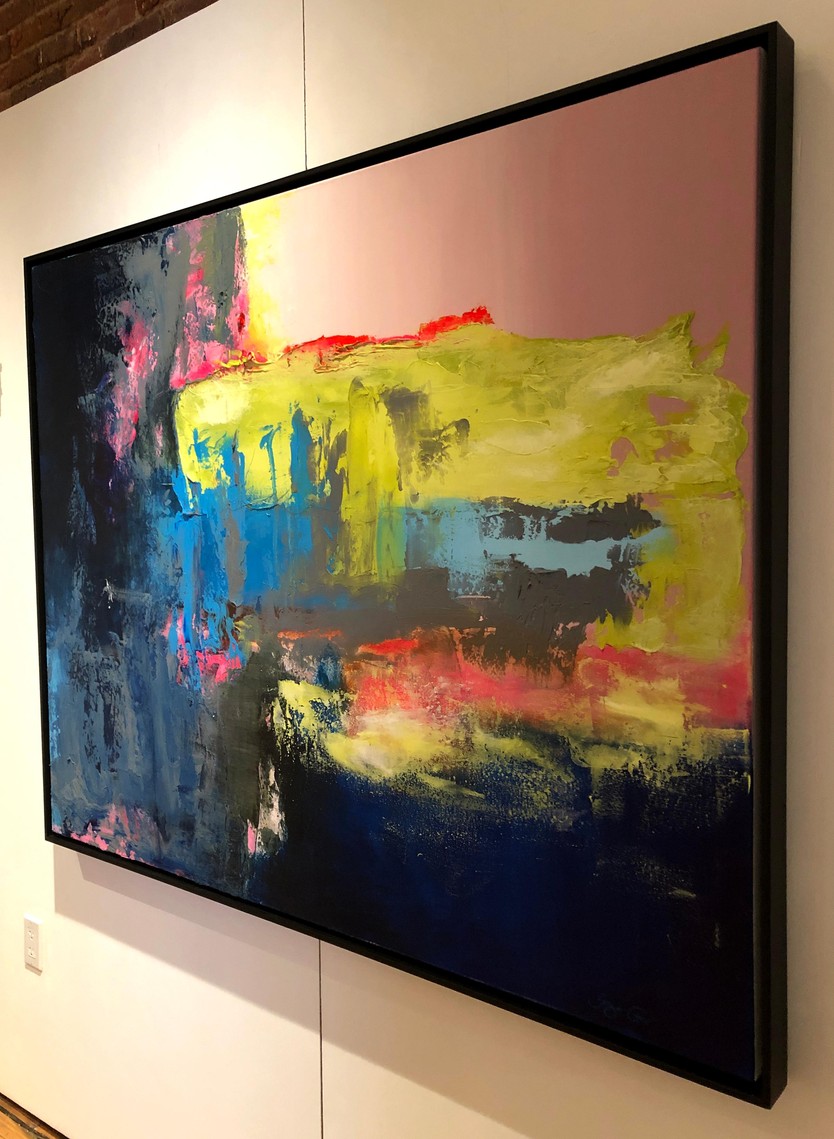 This is a gorgeous bold abstract expressionist painting. Yellow, pInk and Blue palette will elevate any space. The painting includes a beautiful contemporary black silhouette floater frame, and comes ready to hang.

Artist Ginger Fox was born and