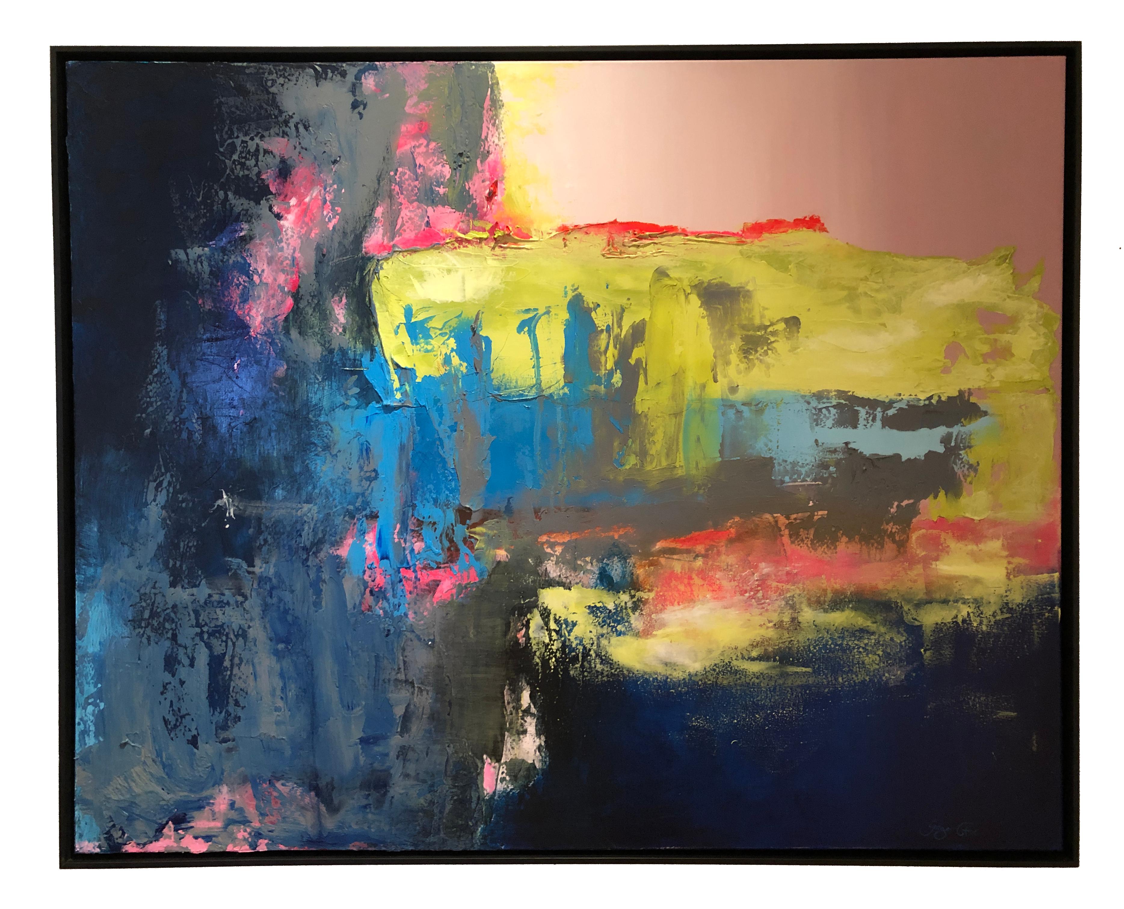 Chasing The Rain - contemporary bright bold abstract painting on canvas framed 