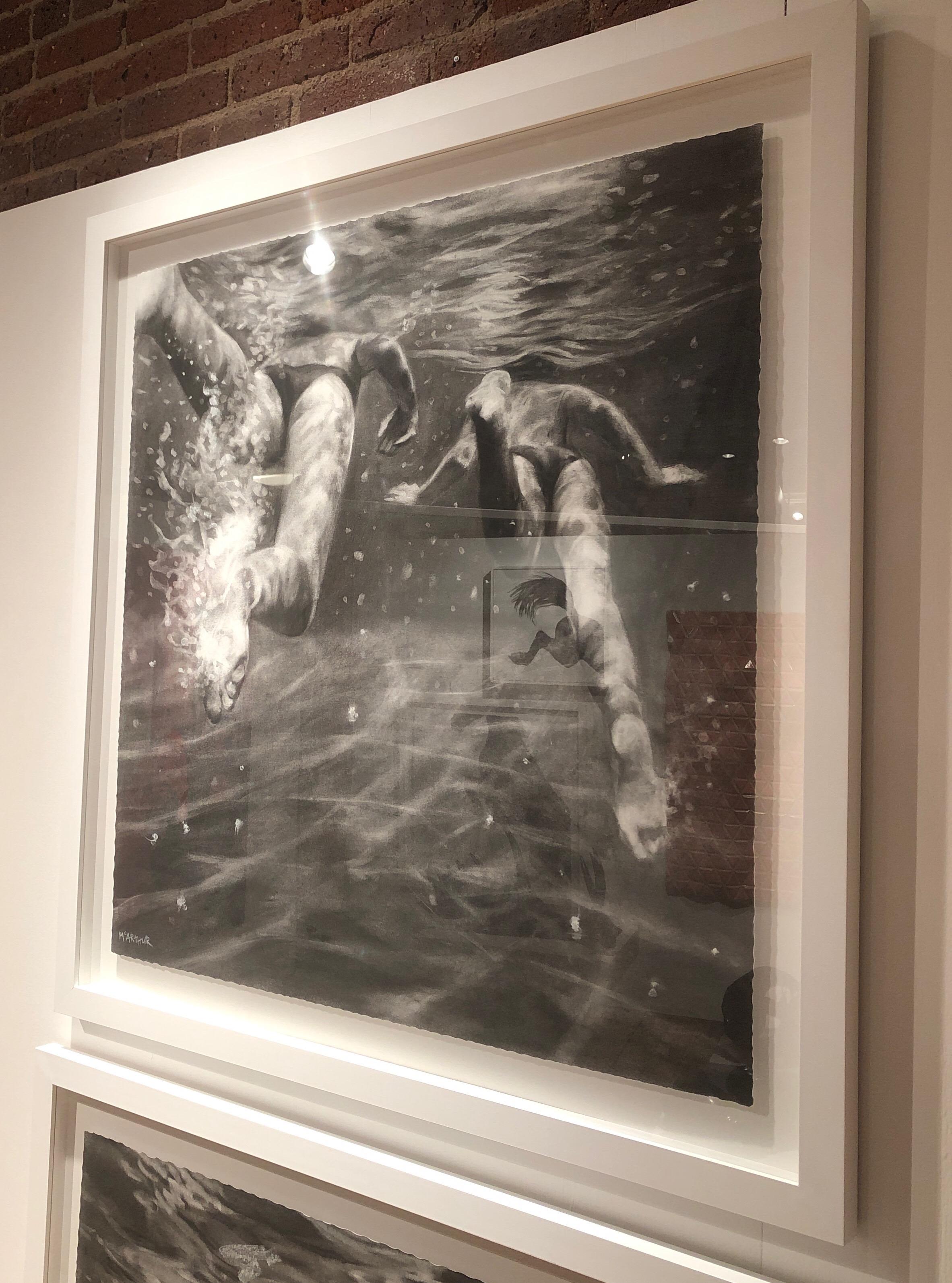 The Race, Dynamic underwater swimmers, Charcoal and graphite on Fabriano paper - Realist Art by Patsy McArthur