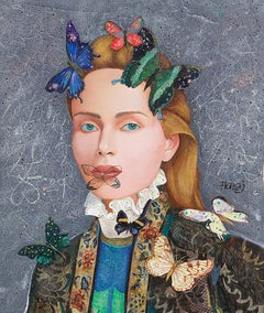 Butterfly #3 by Minas Halaj, Modern female portrait Oil and mixed media painting